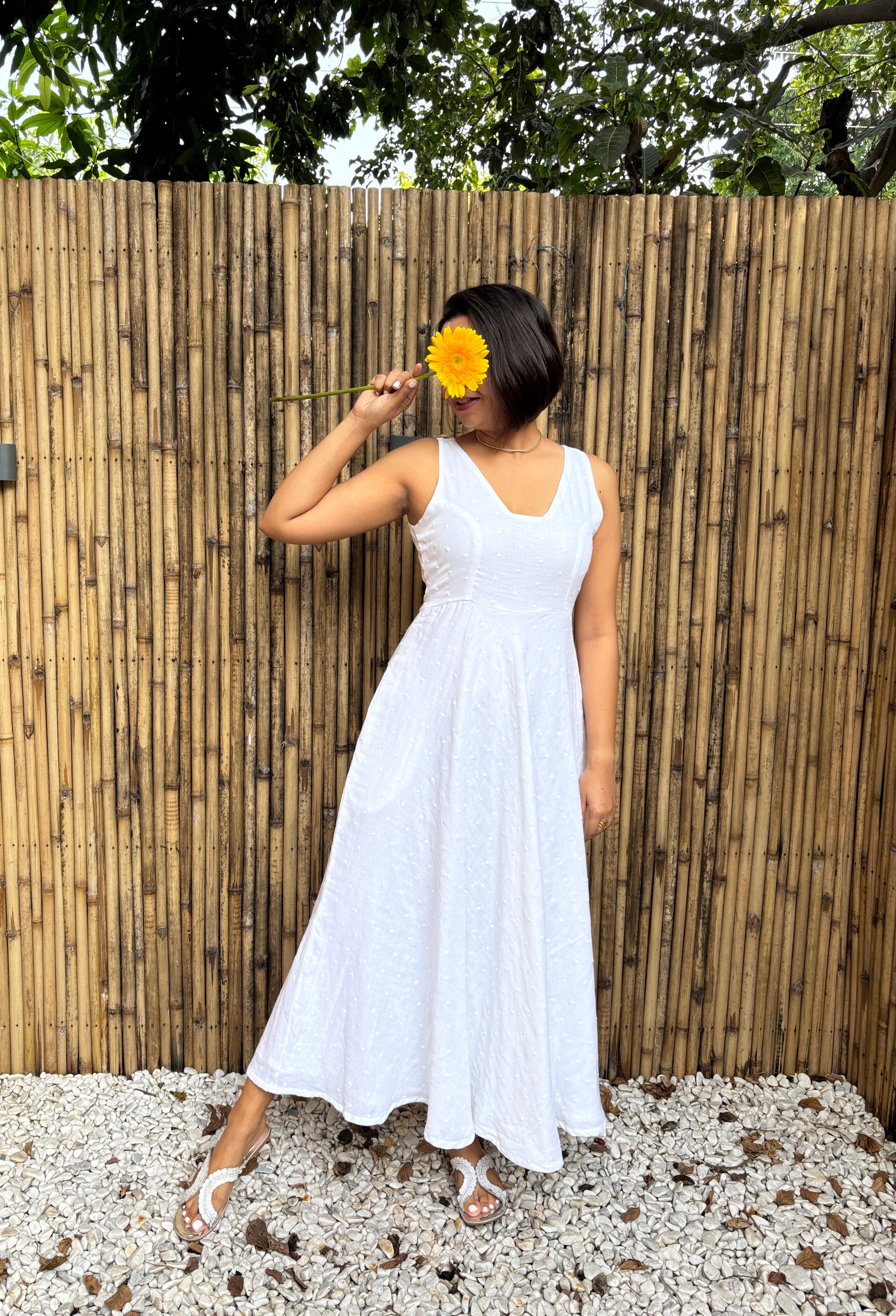 White Cotton Butta Flared Maxi Dress