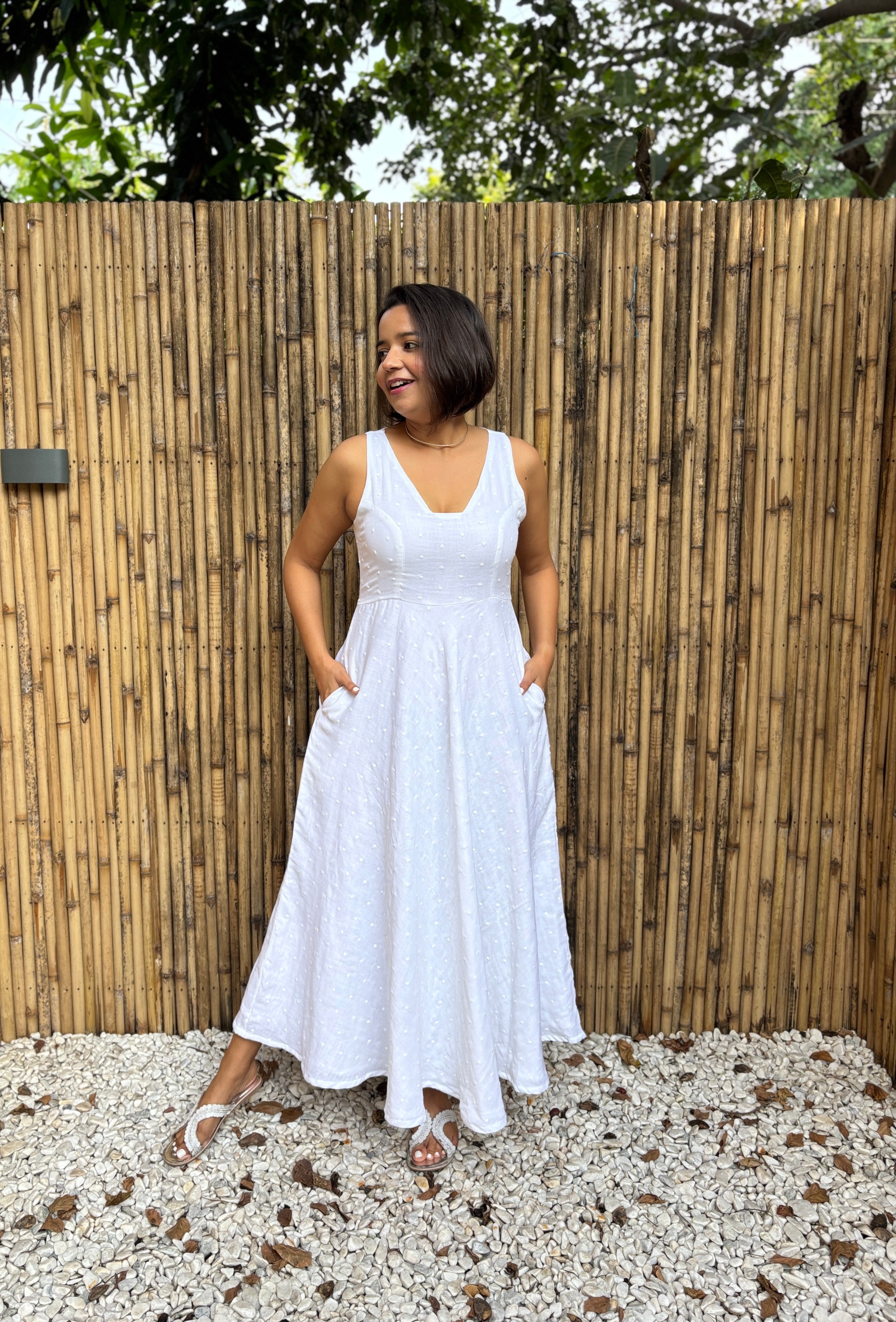 White Cotton Butta Flared Maxi Dress