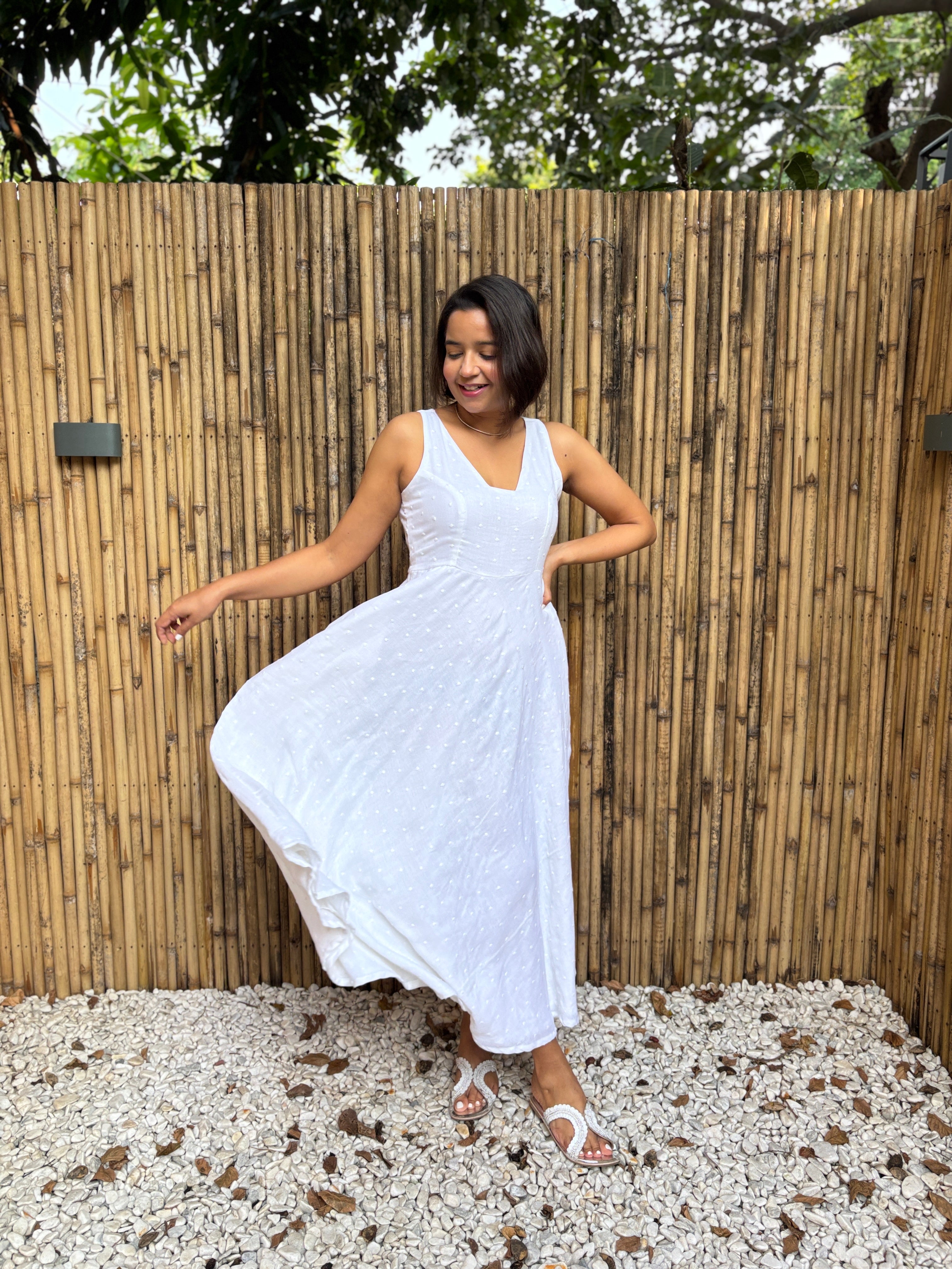 White Cotton Butta Flared Maxi Dress