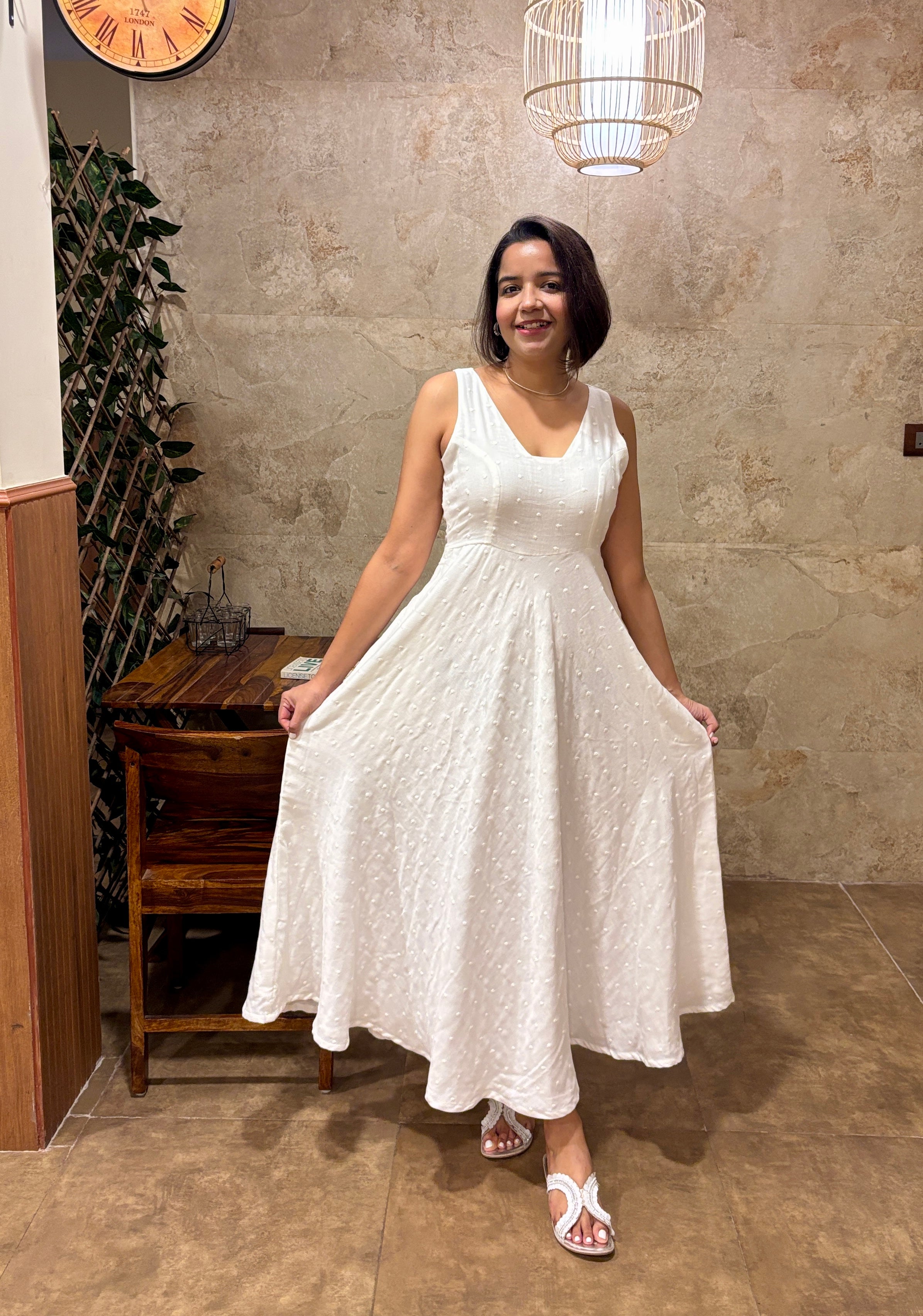 White Cotton Butta Flared Maxi Dress