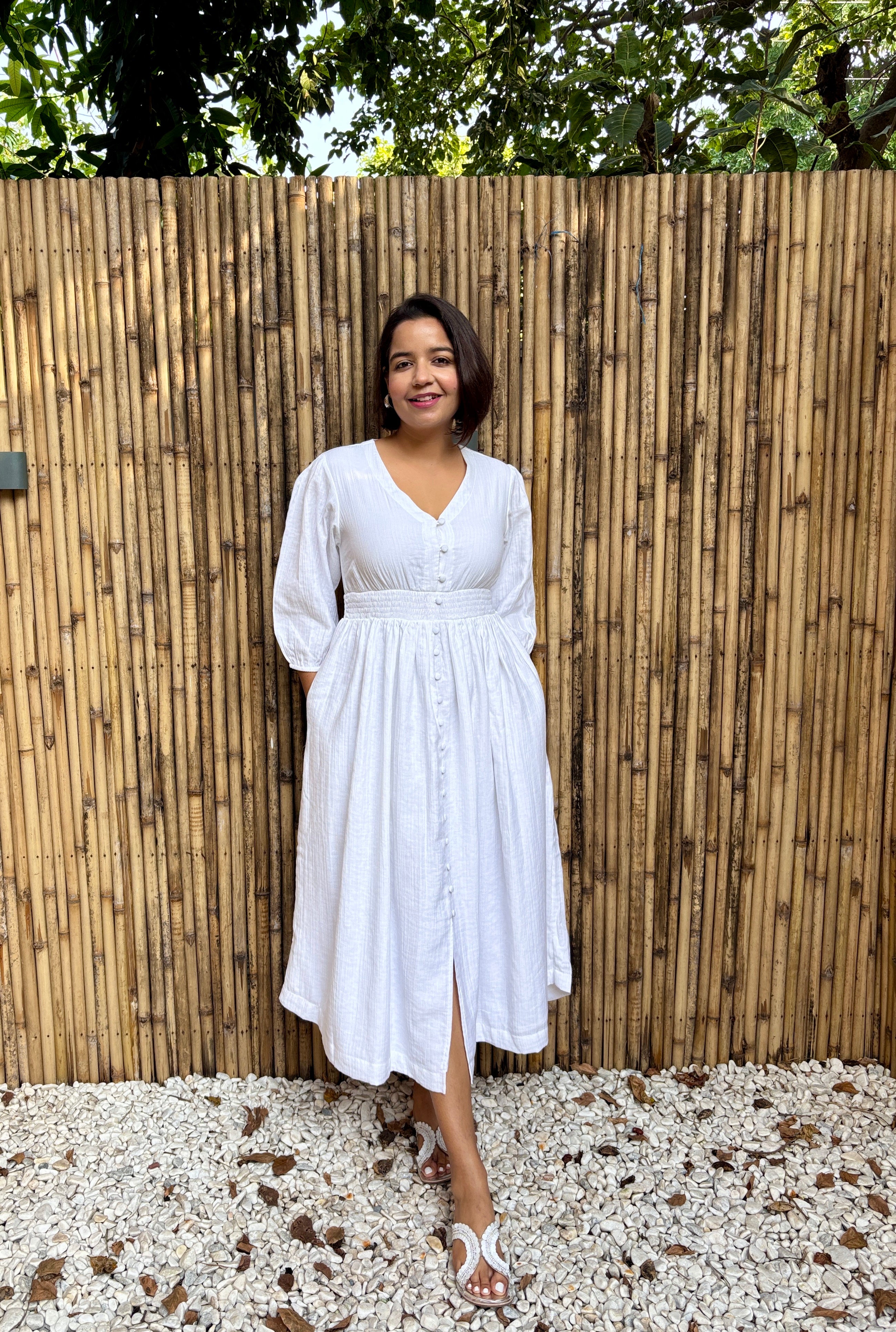 White Buttoned Cinched Waist Dress