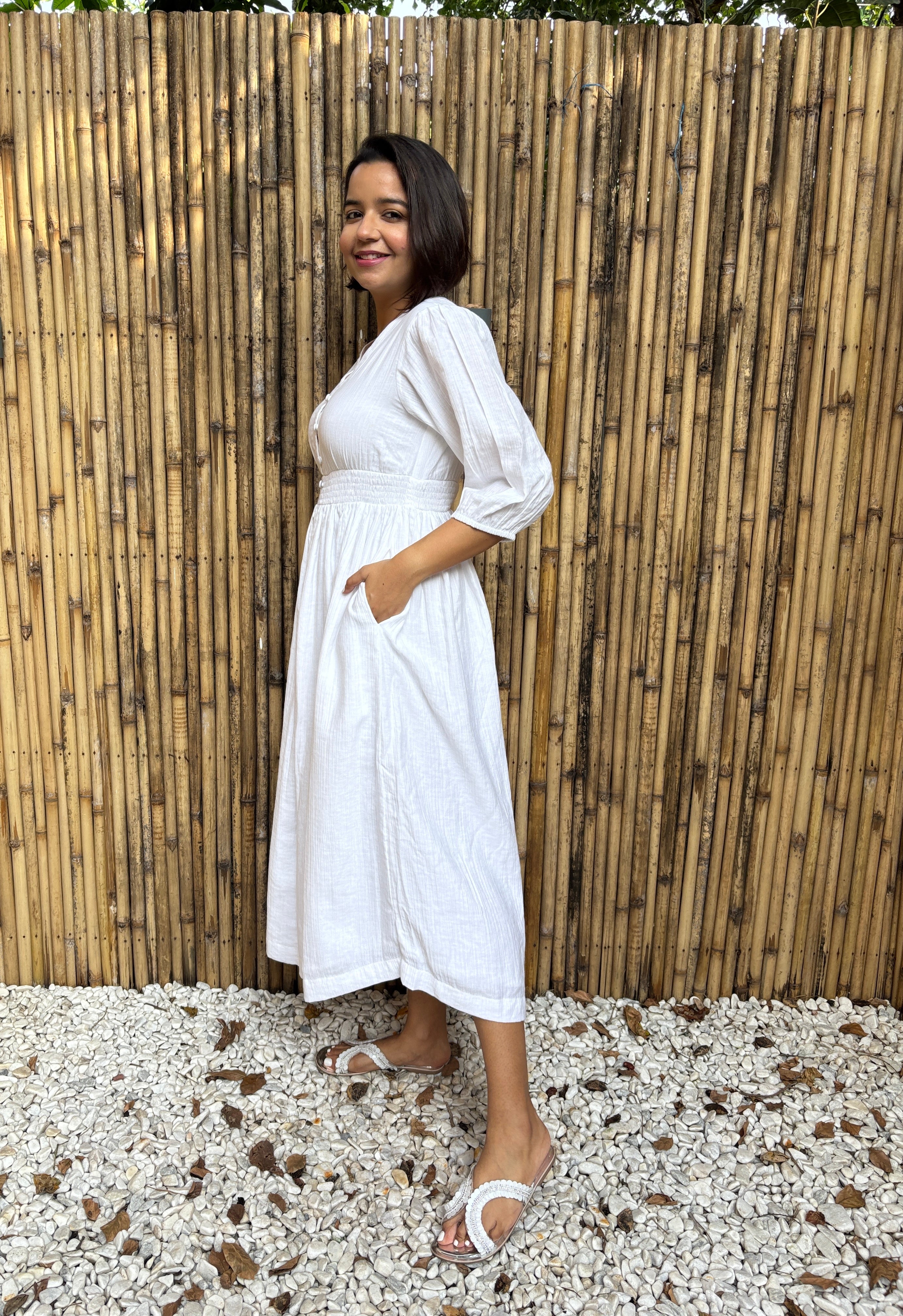 White Buttoned Cinched Waist Dress