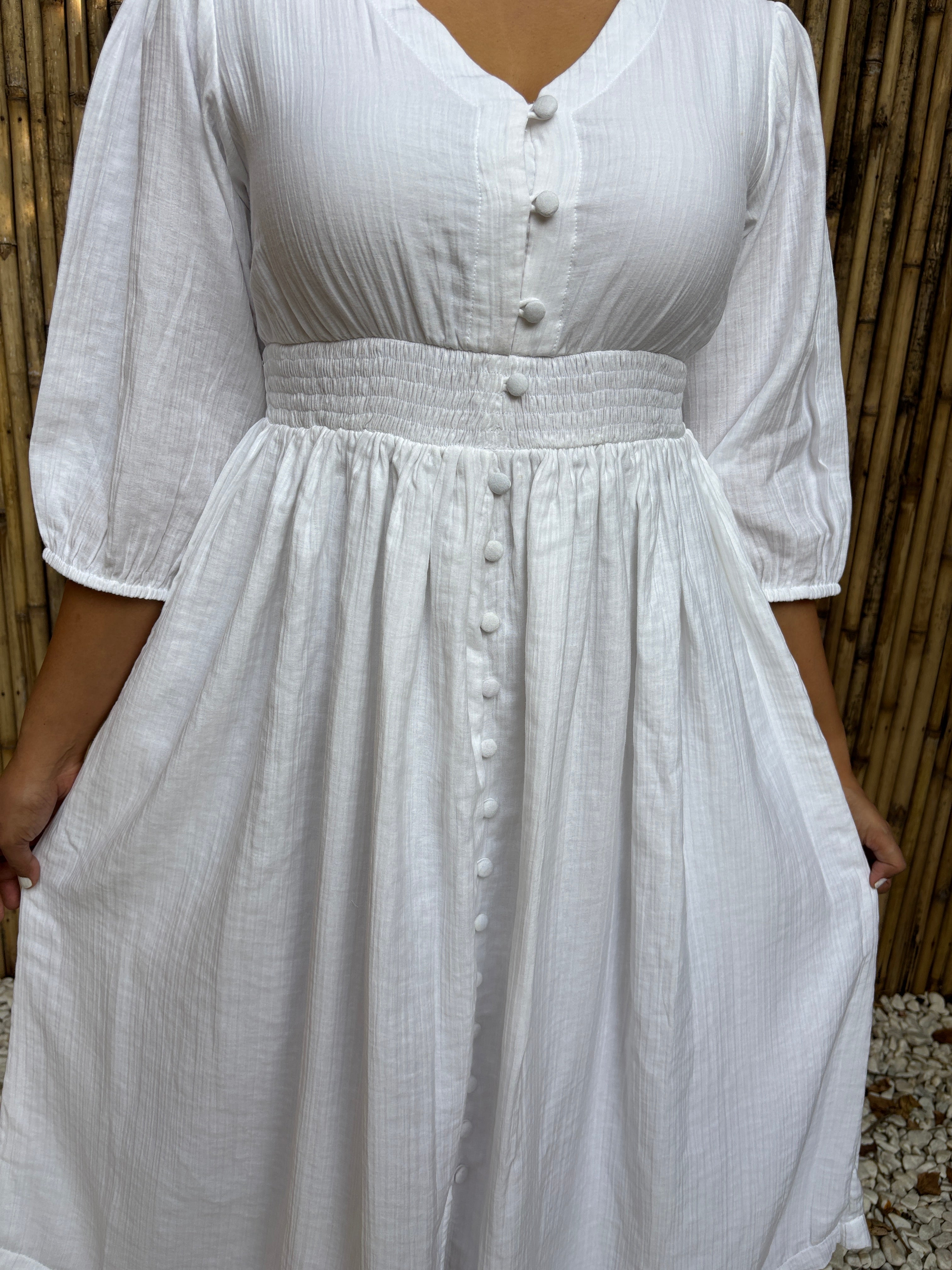 White Buttoned Cinched Waist Dress