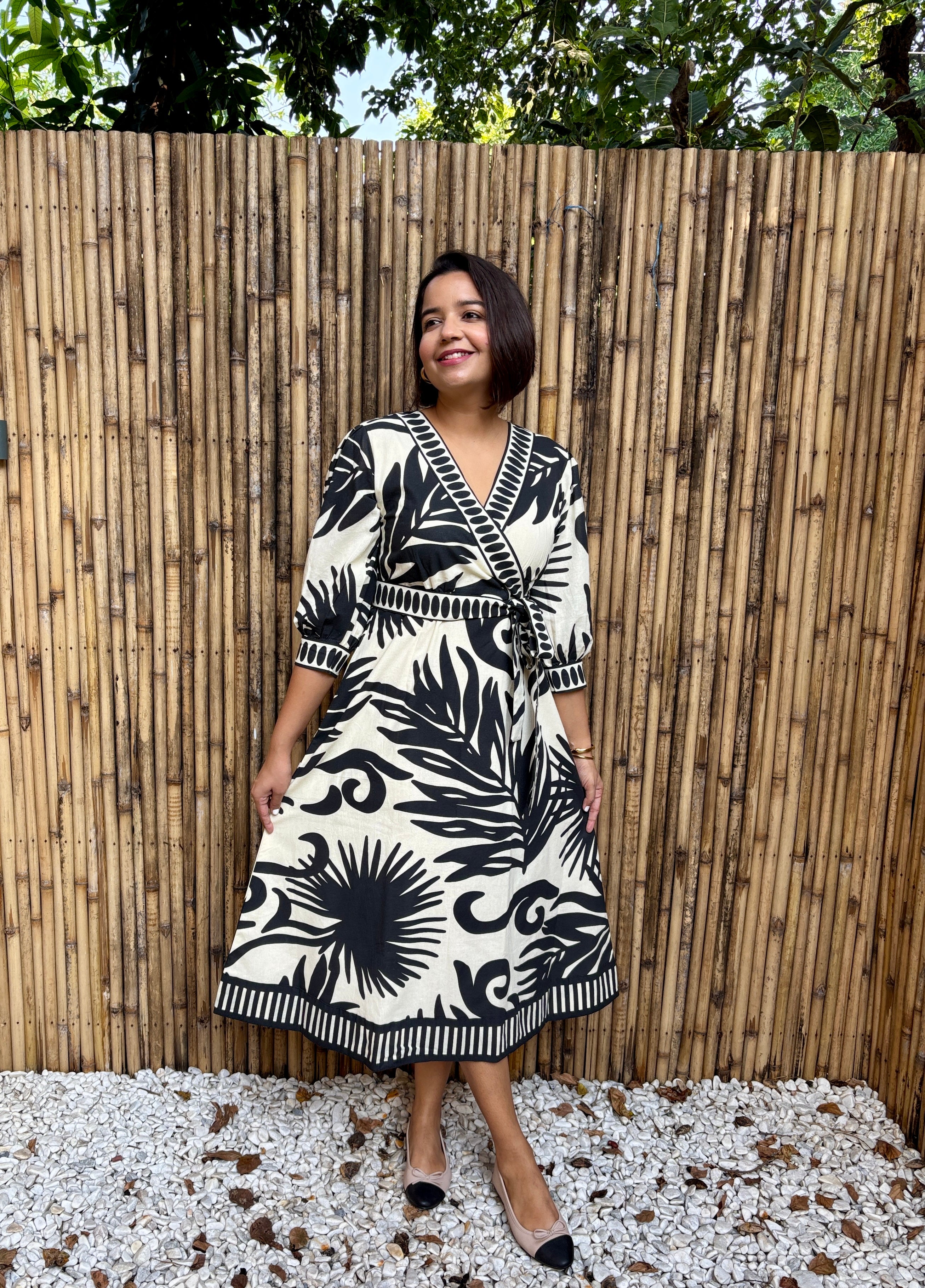 Black & Ivory Palm Cotton Midi Dress