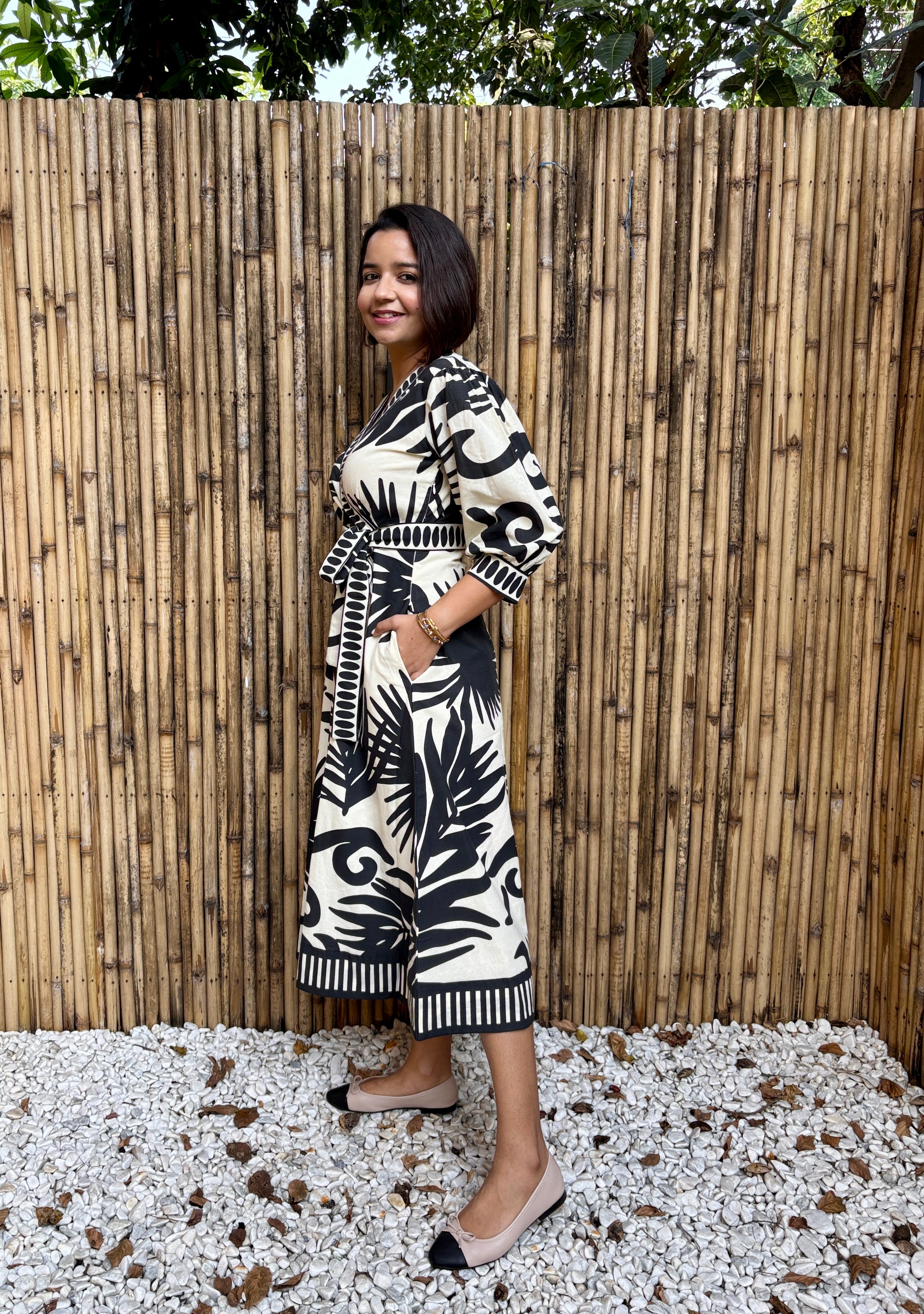 Black & Ivory Palm Cotton Midi Dress