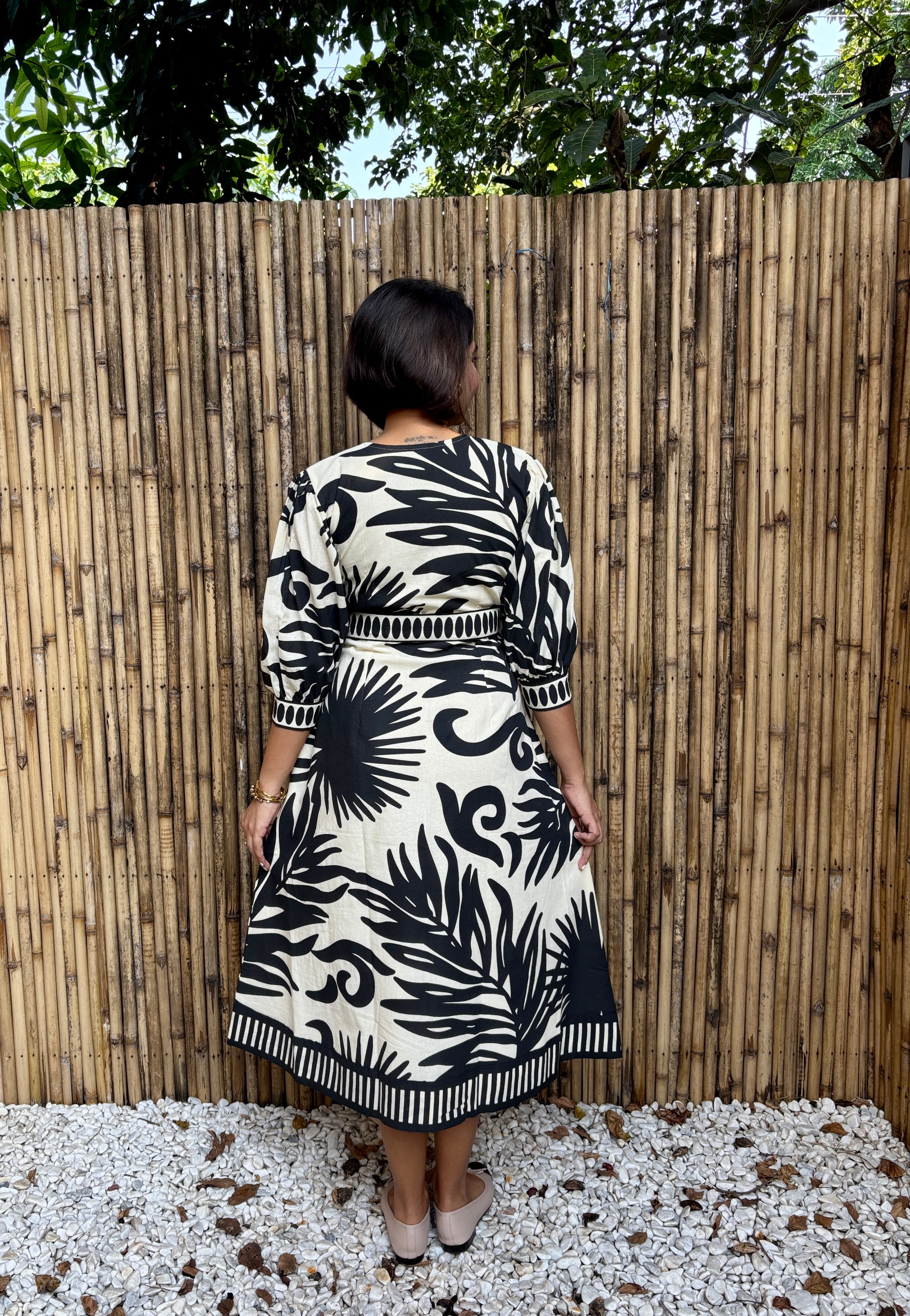 Black & Ivory Palm Cotton Midi Dress