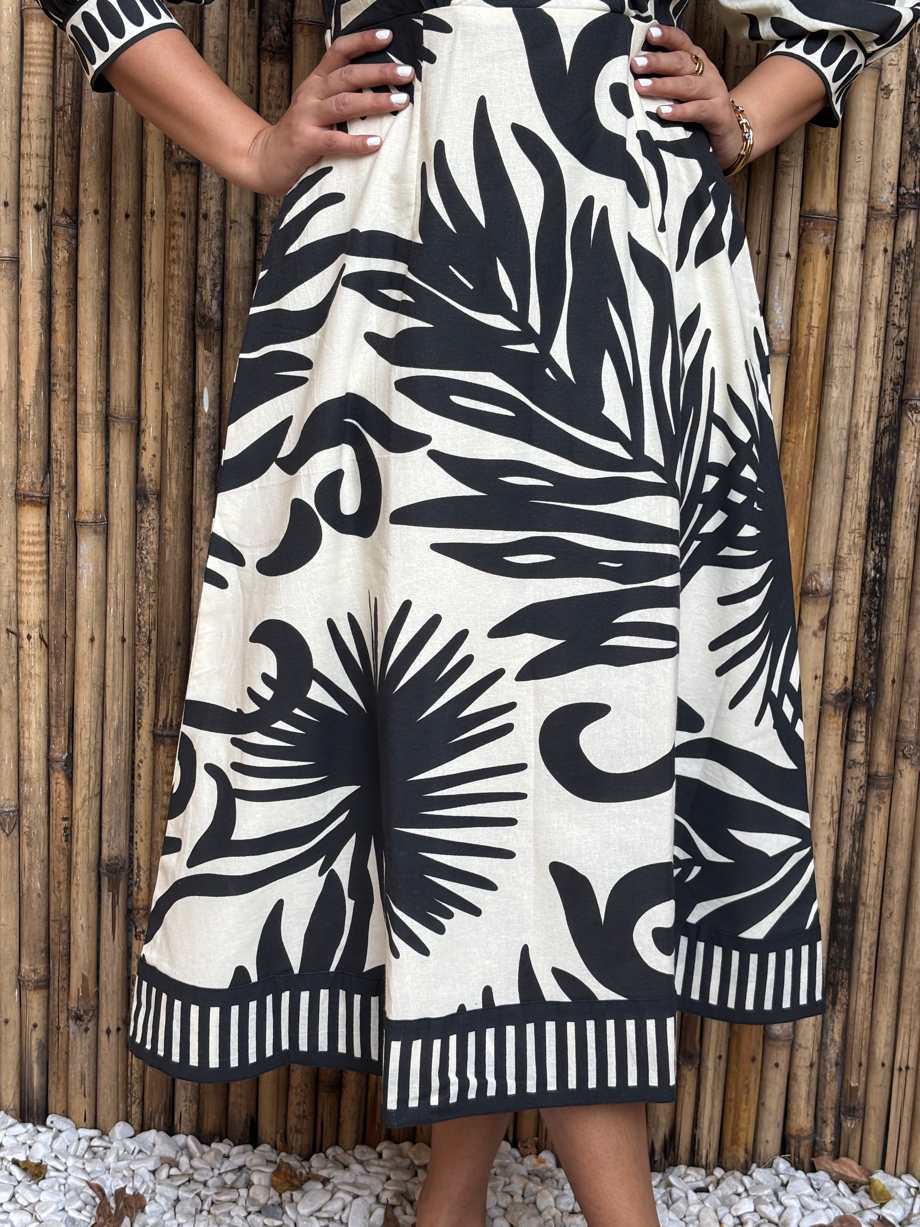 Black & Ivory Palm Cotton Midi Dress