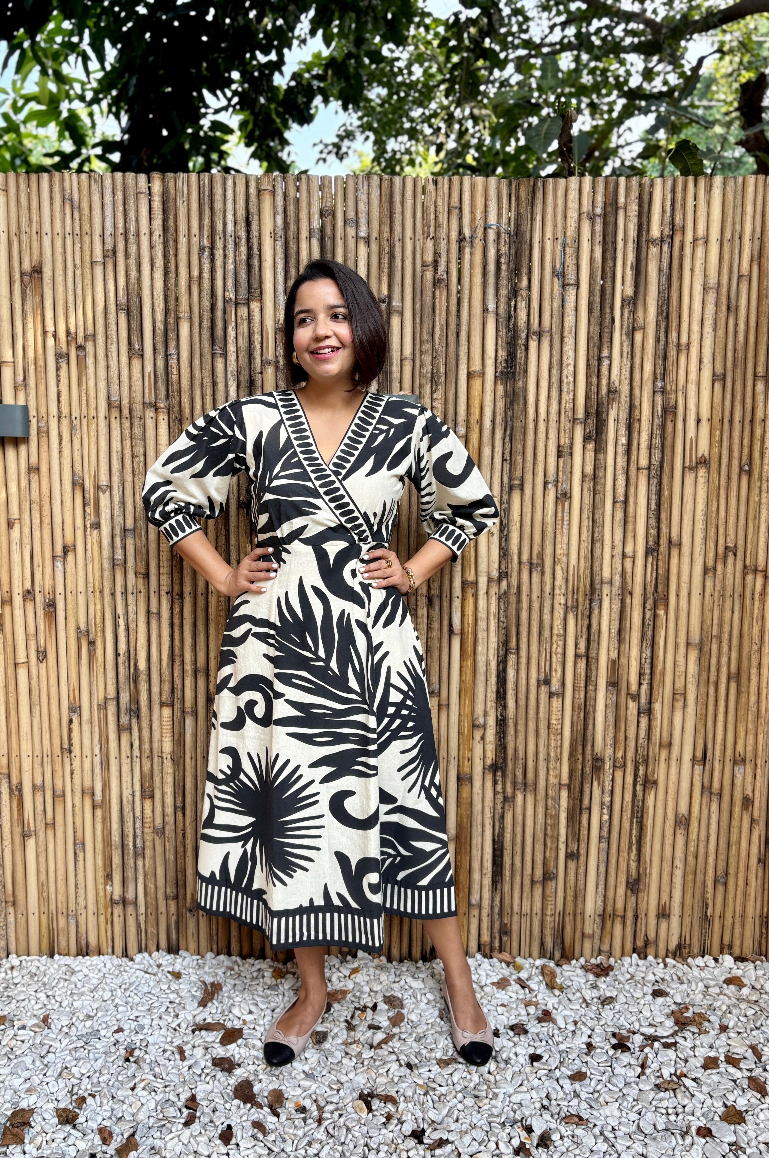 Black & Ivory Palm Cotton Midi Dress