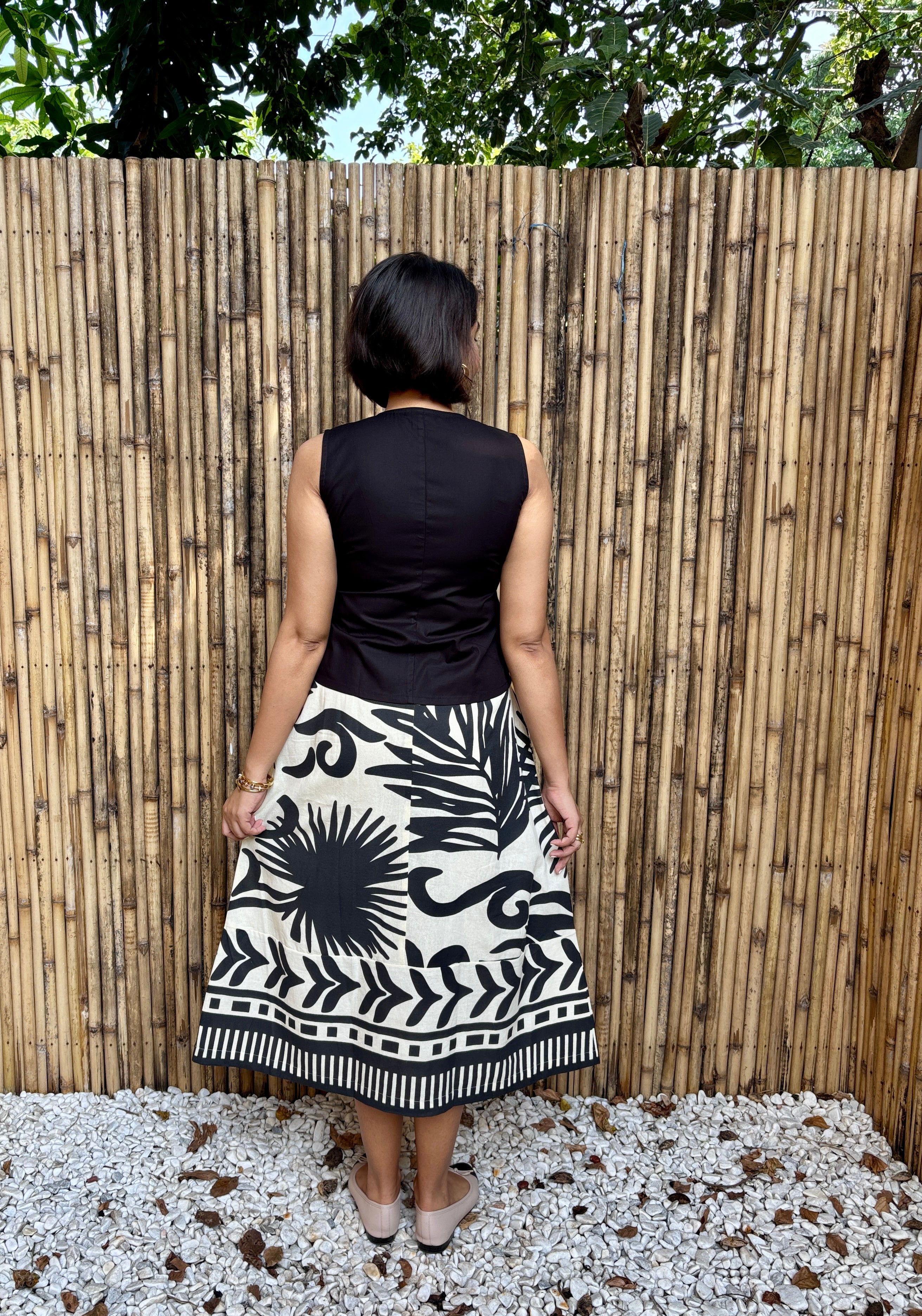 Black & Ivory Tropical Palm Cotton Midi Skirt