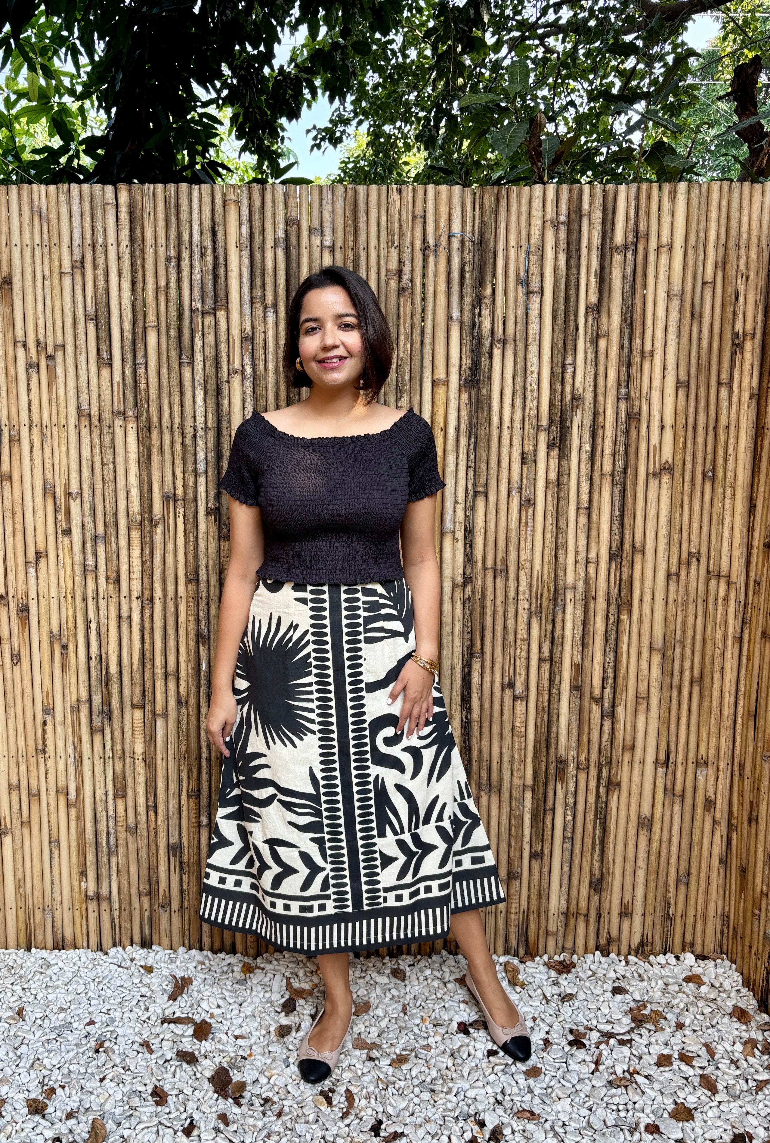 Black & Ivory Tropical Palm Cotton Midi Skirt