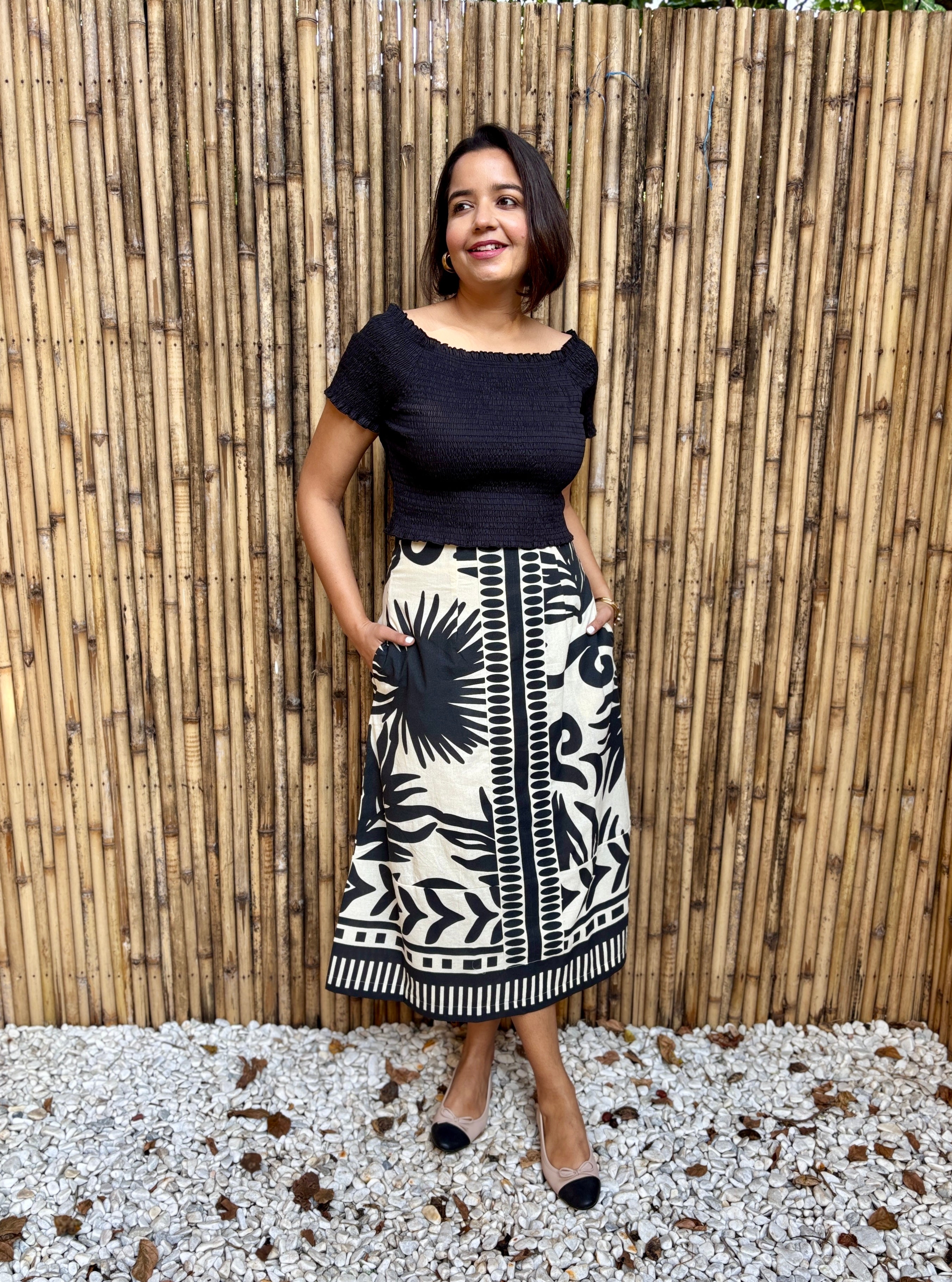 Black & Ivory Tropical Palm Cotton Midi Skirt