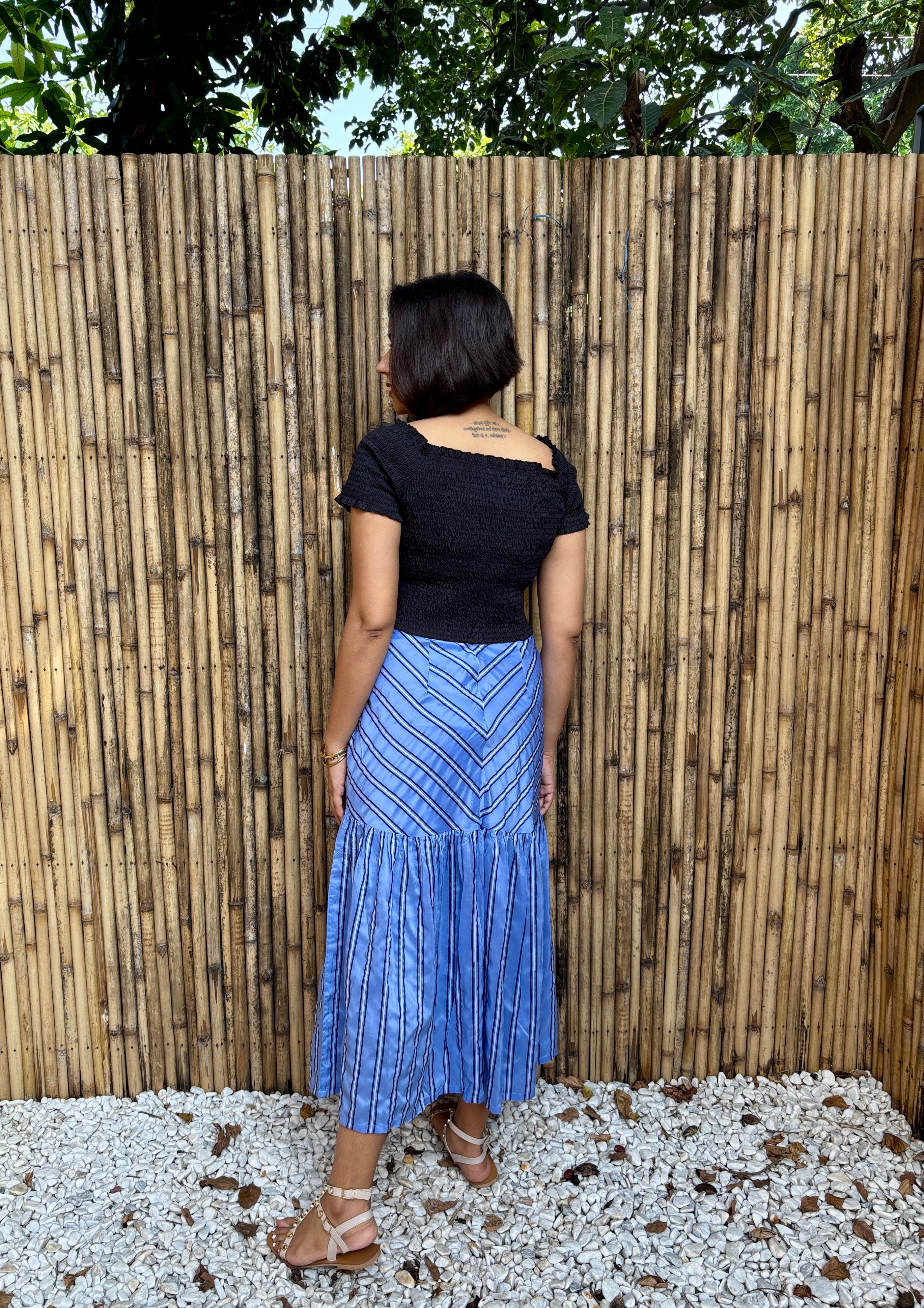 Blue Striped Tiered Midi Skirt