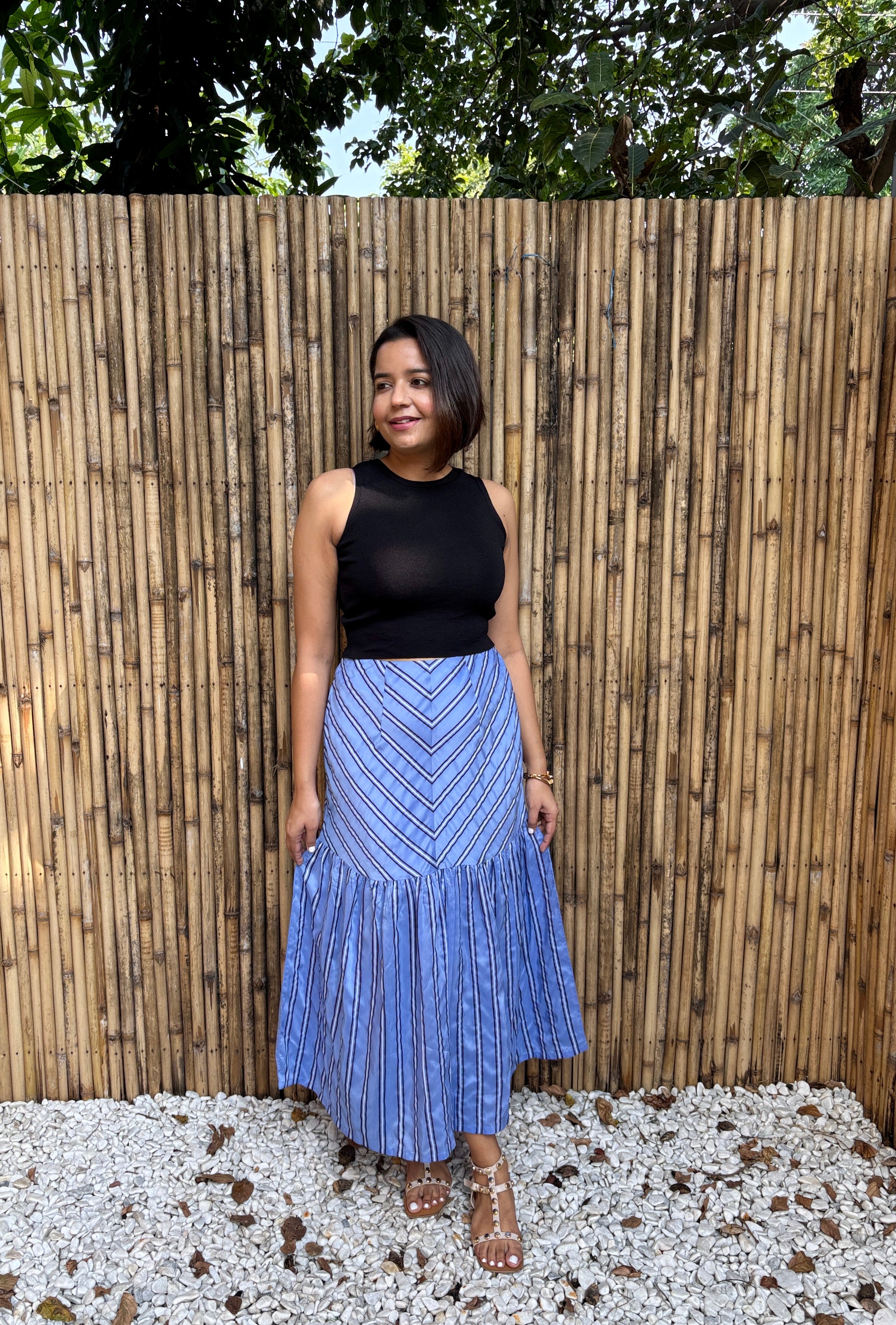 Blue Striped Tiered Midi Skirt