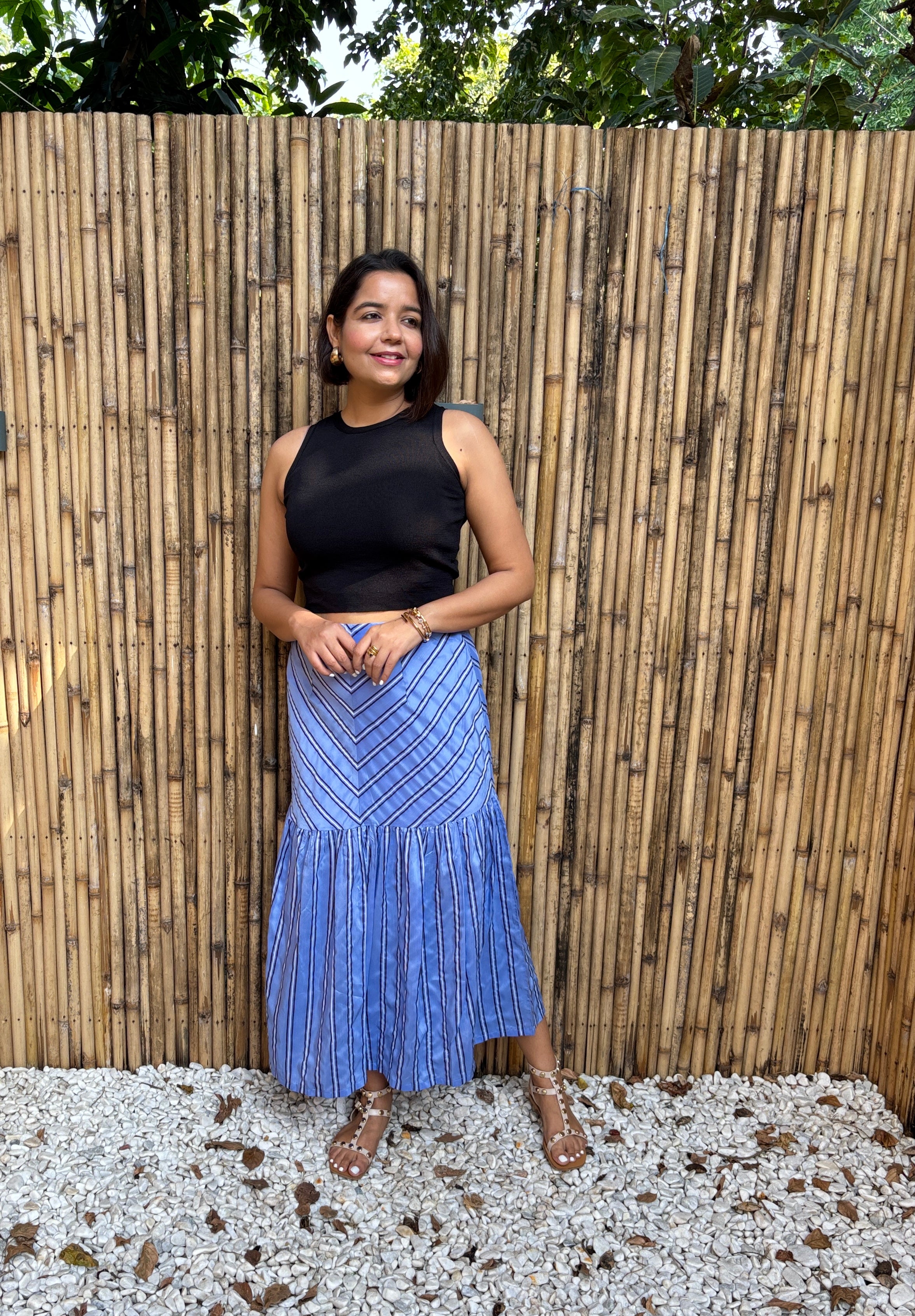 Blue Striped Tiered Midi Skirt