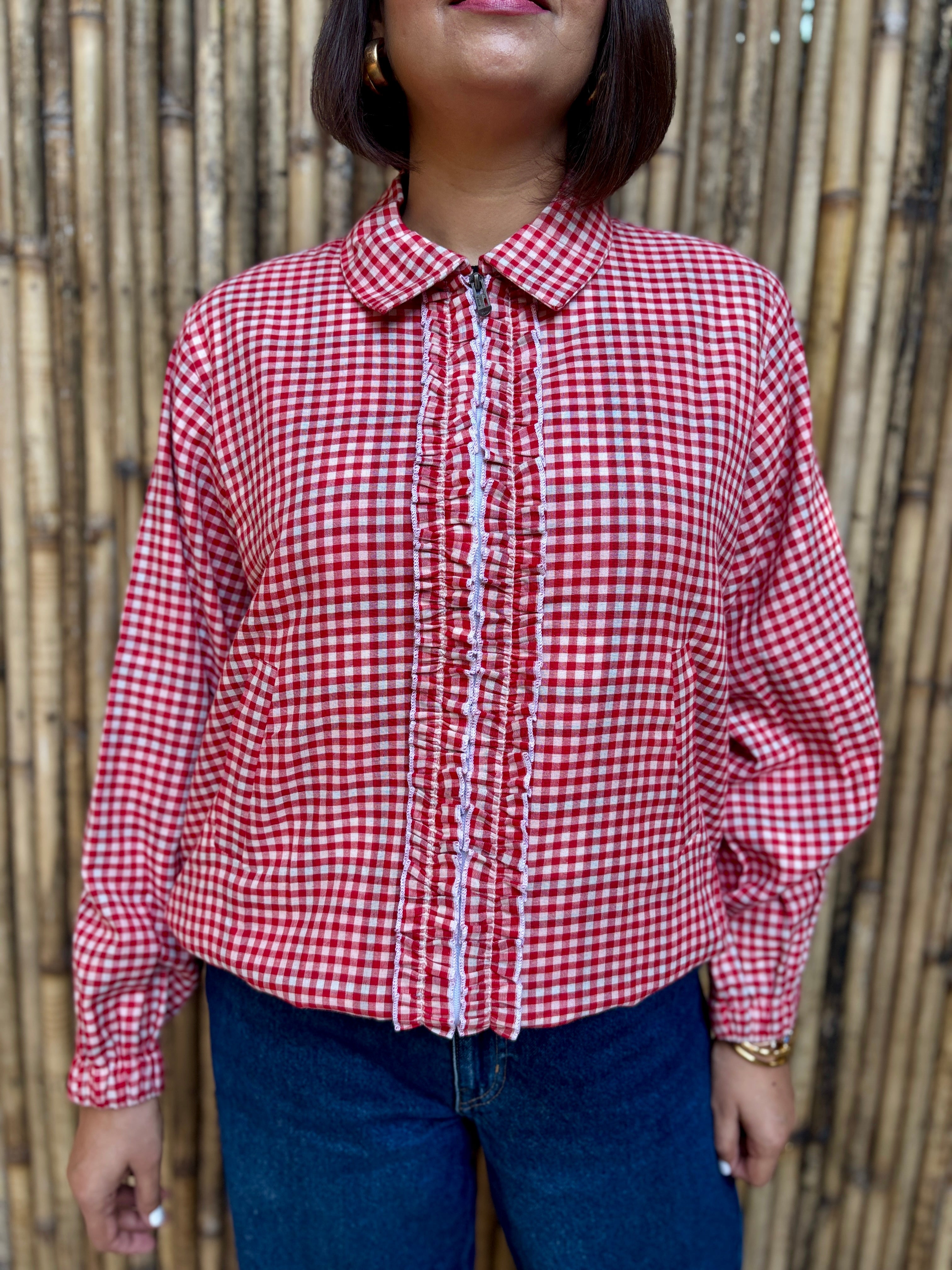 Red Gingham Checks Frill Jacket