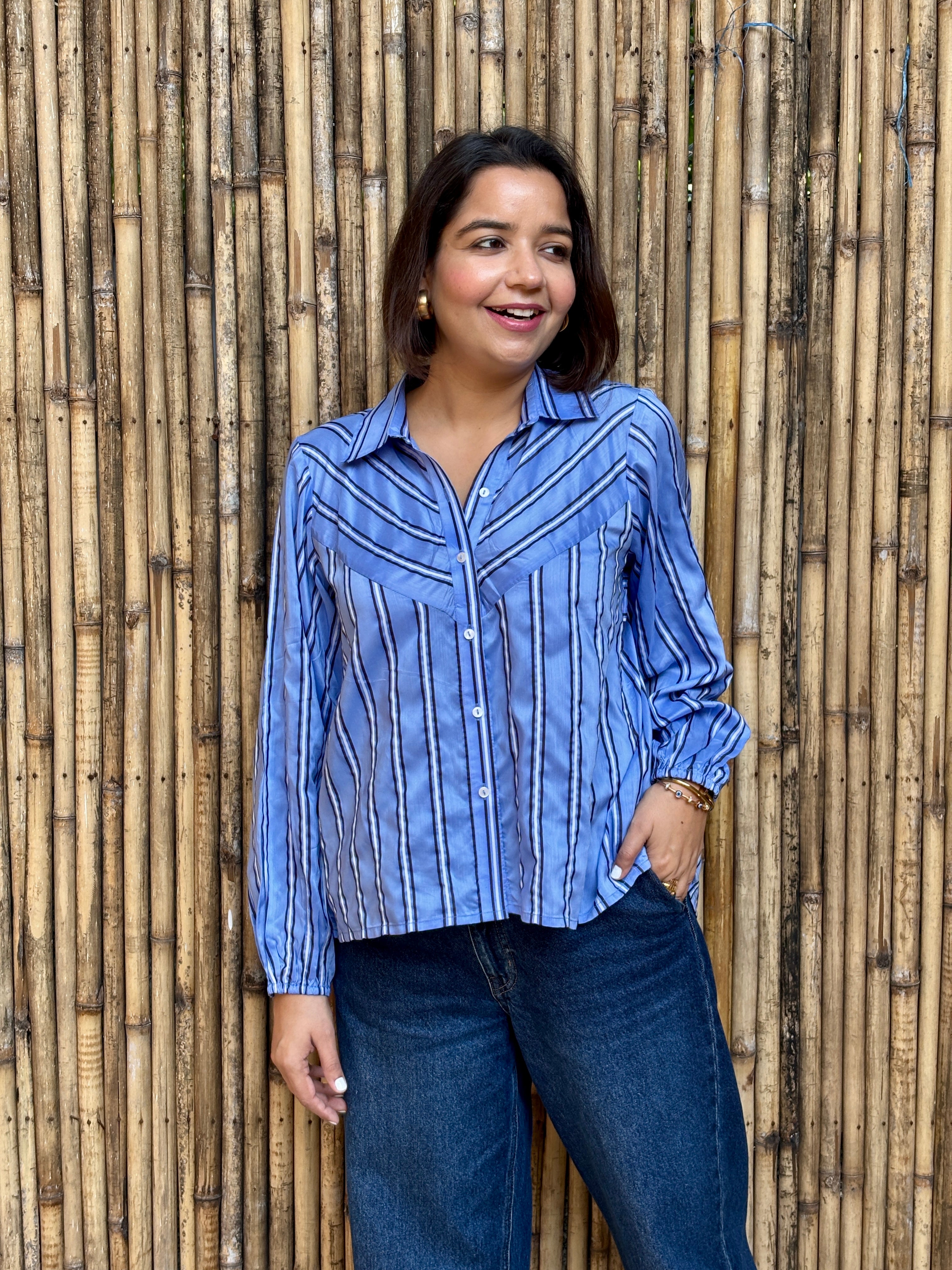 Blue Azure Stripe High-Low Shirt