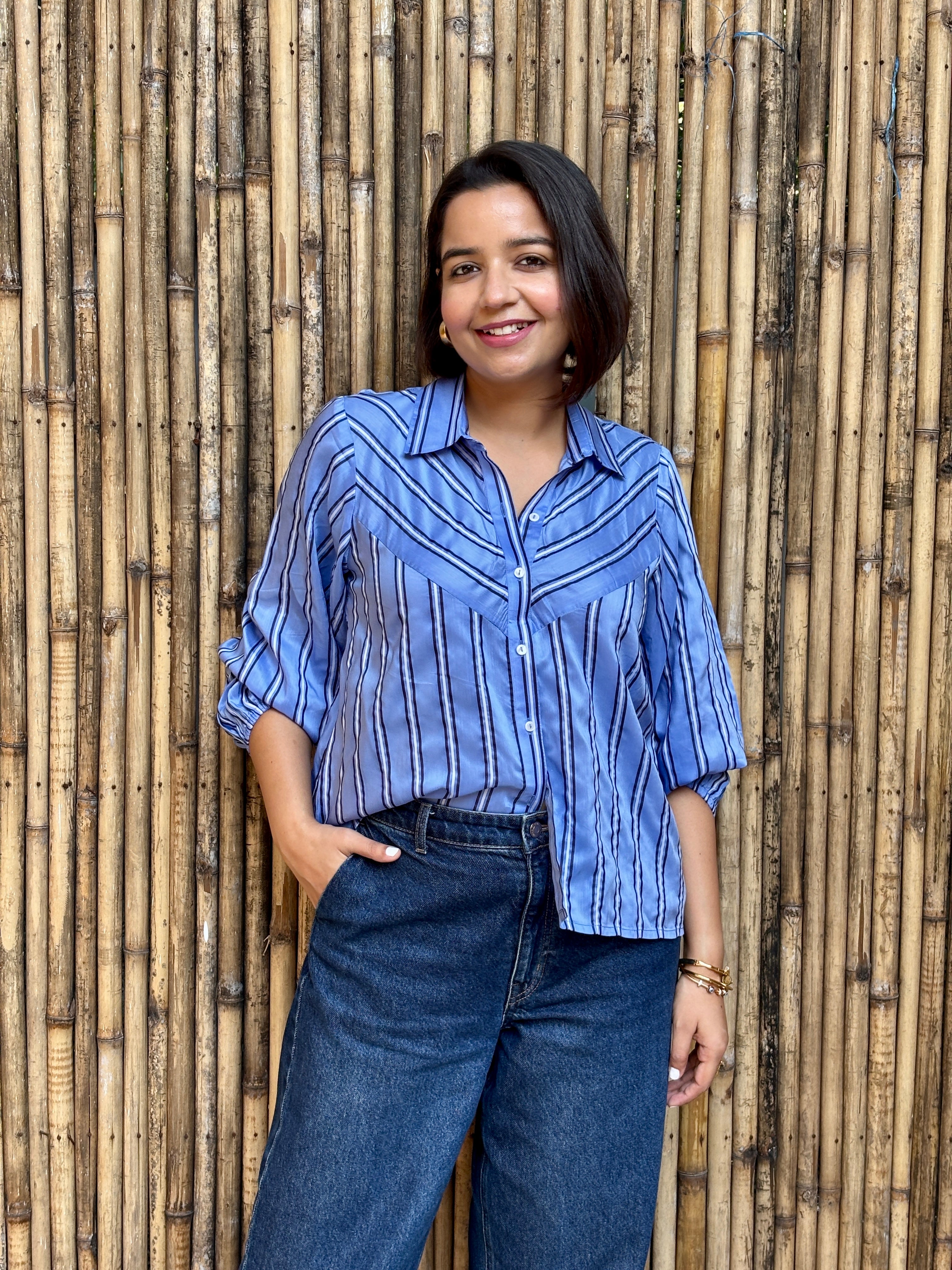 Blue Azure Stripe High-Low Shirt