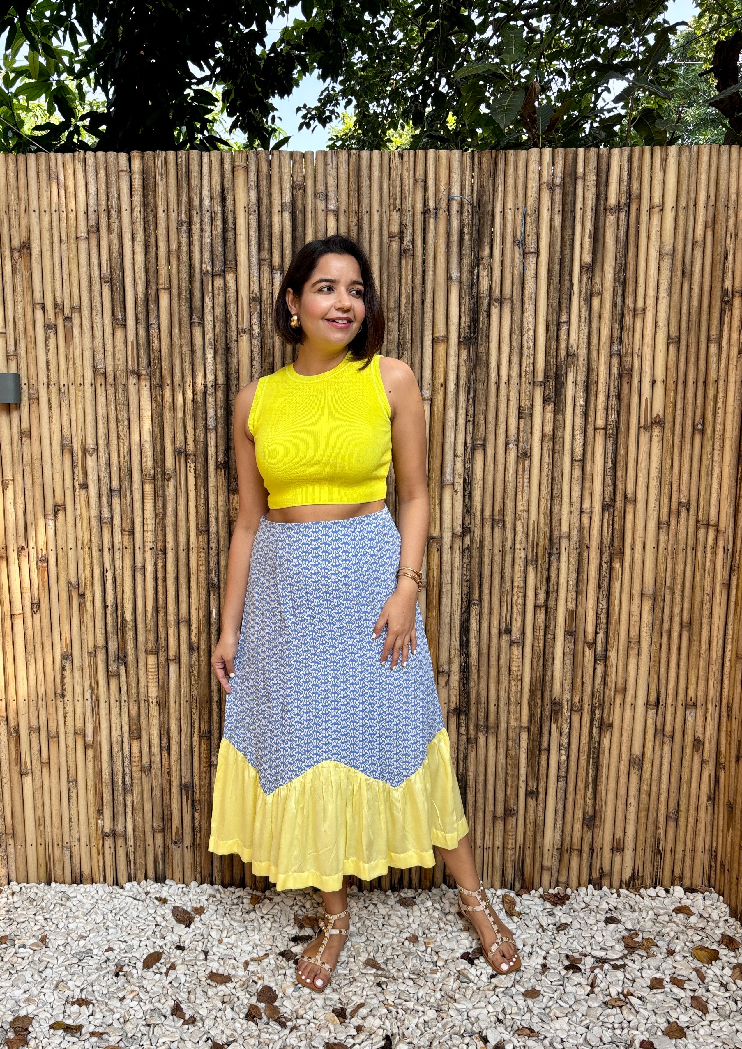 Blue & Yellow Contrast Zig Zag Midi Skirt