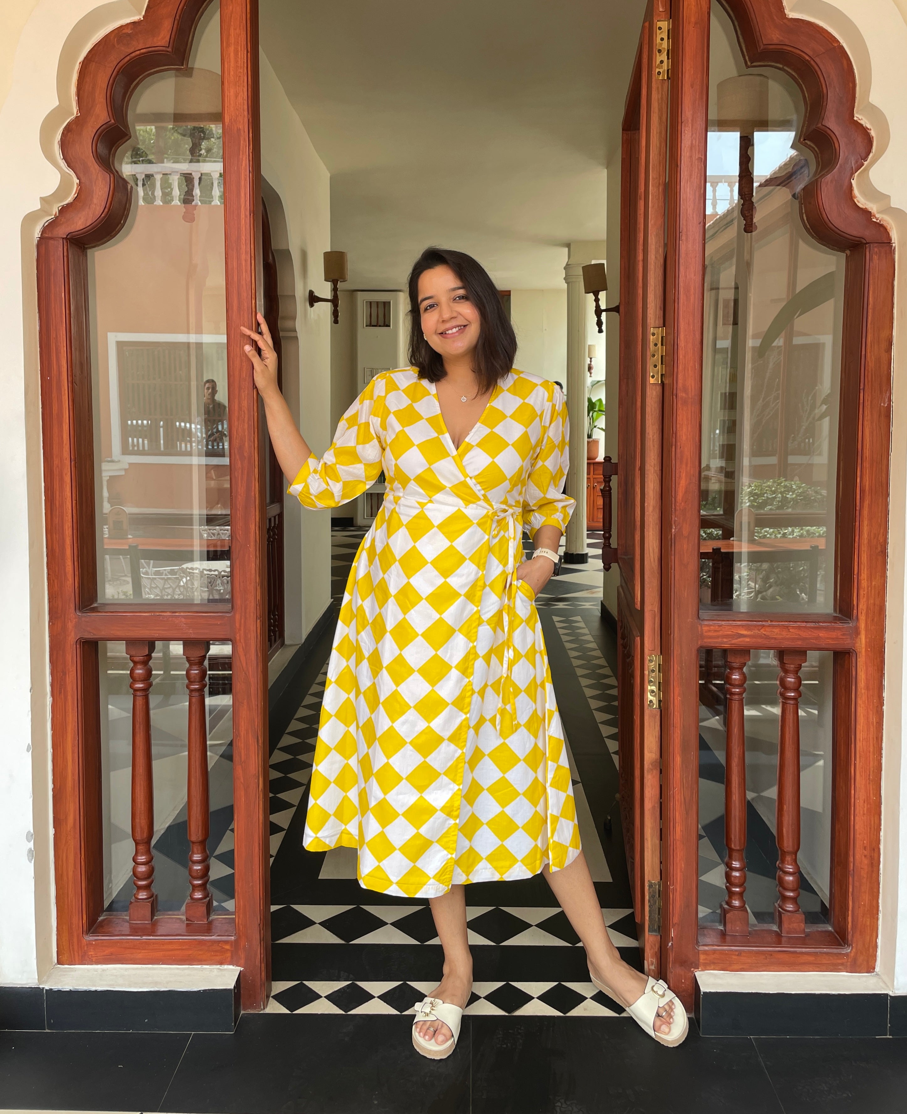 Yellow Checkered Cotton Wrap Midi Dress
