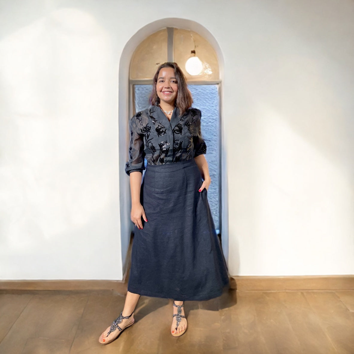 Linen Black Midi Skirt image 1