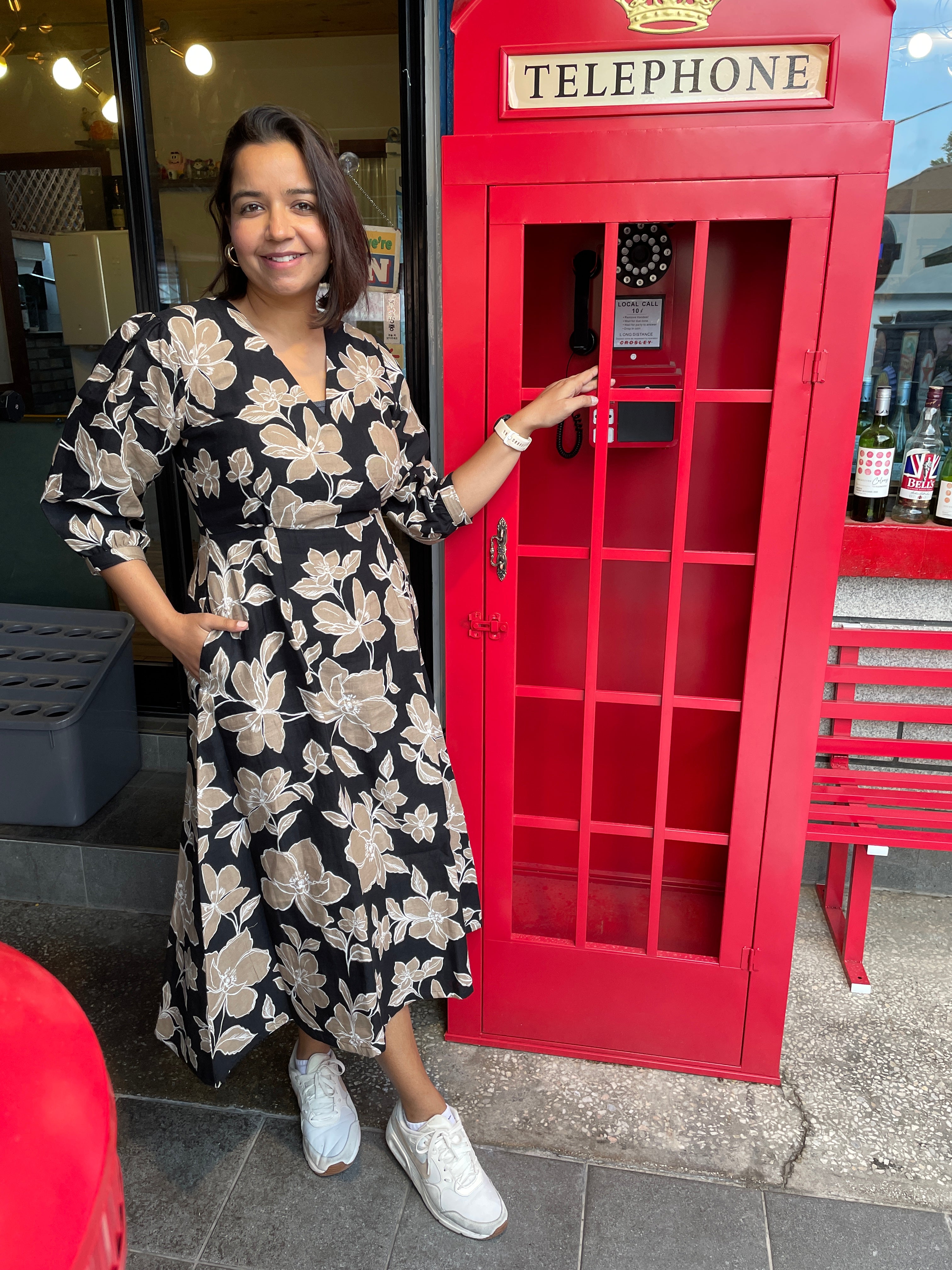 Beige Black Floral Midi Dress image 1