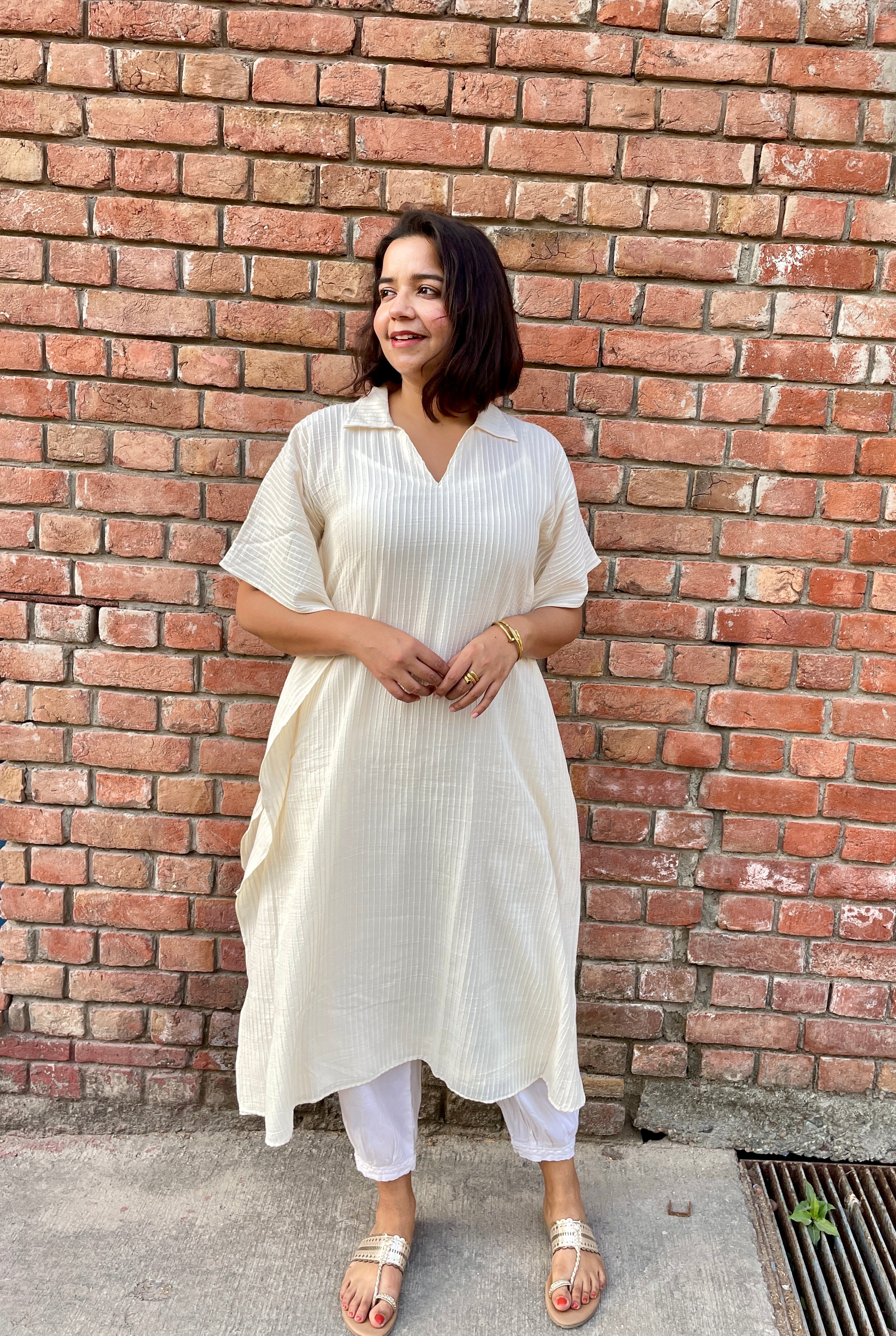 Off White Textured Kaftan Kurta image 0