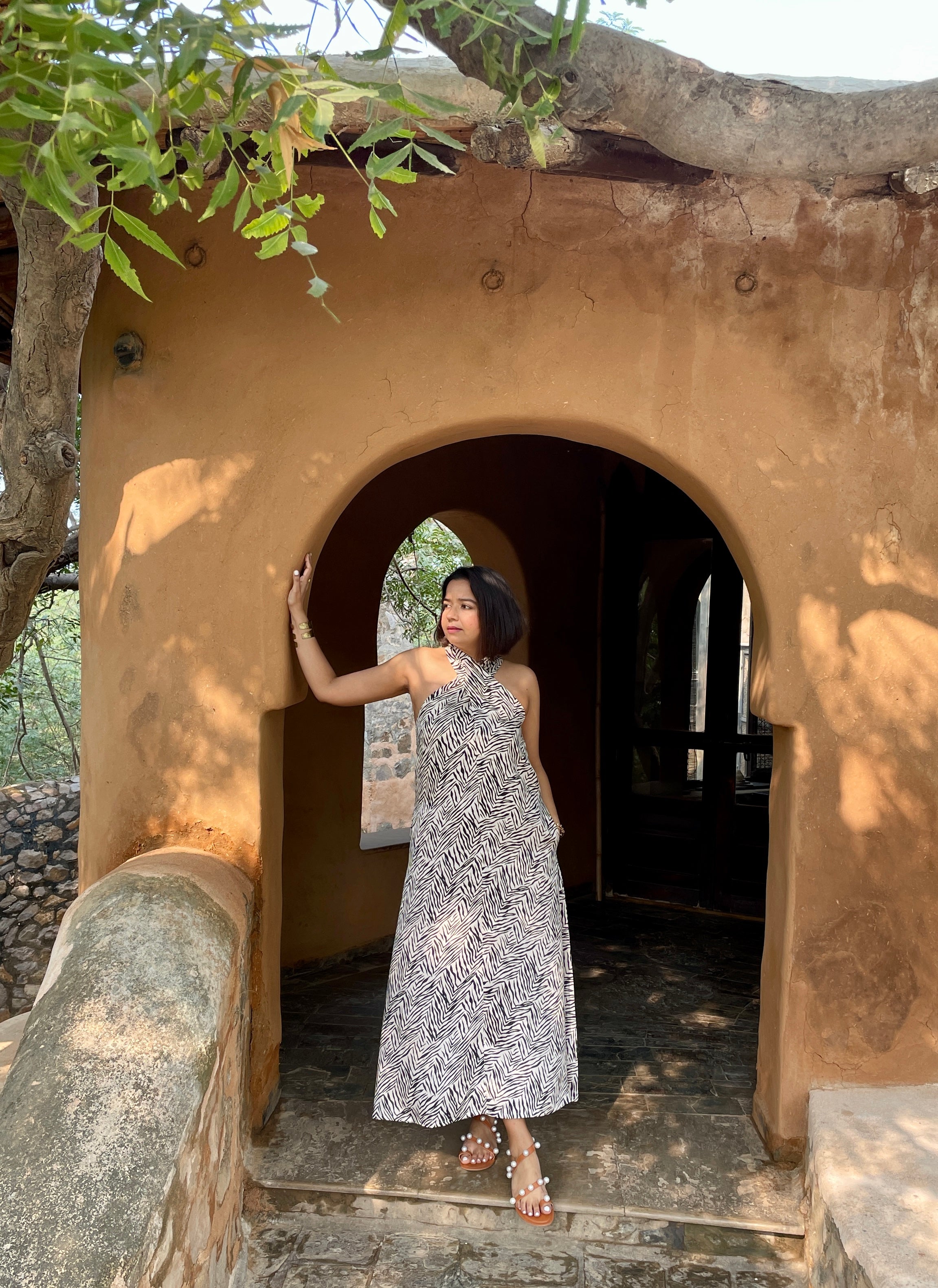 Beige Printed Halter Maxi Dress image 8