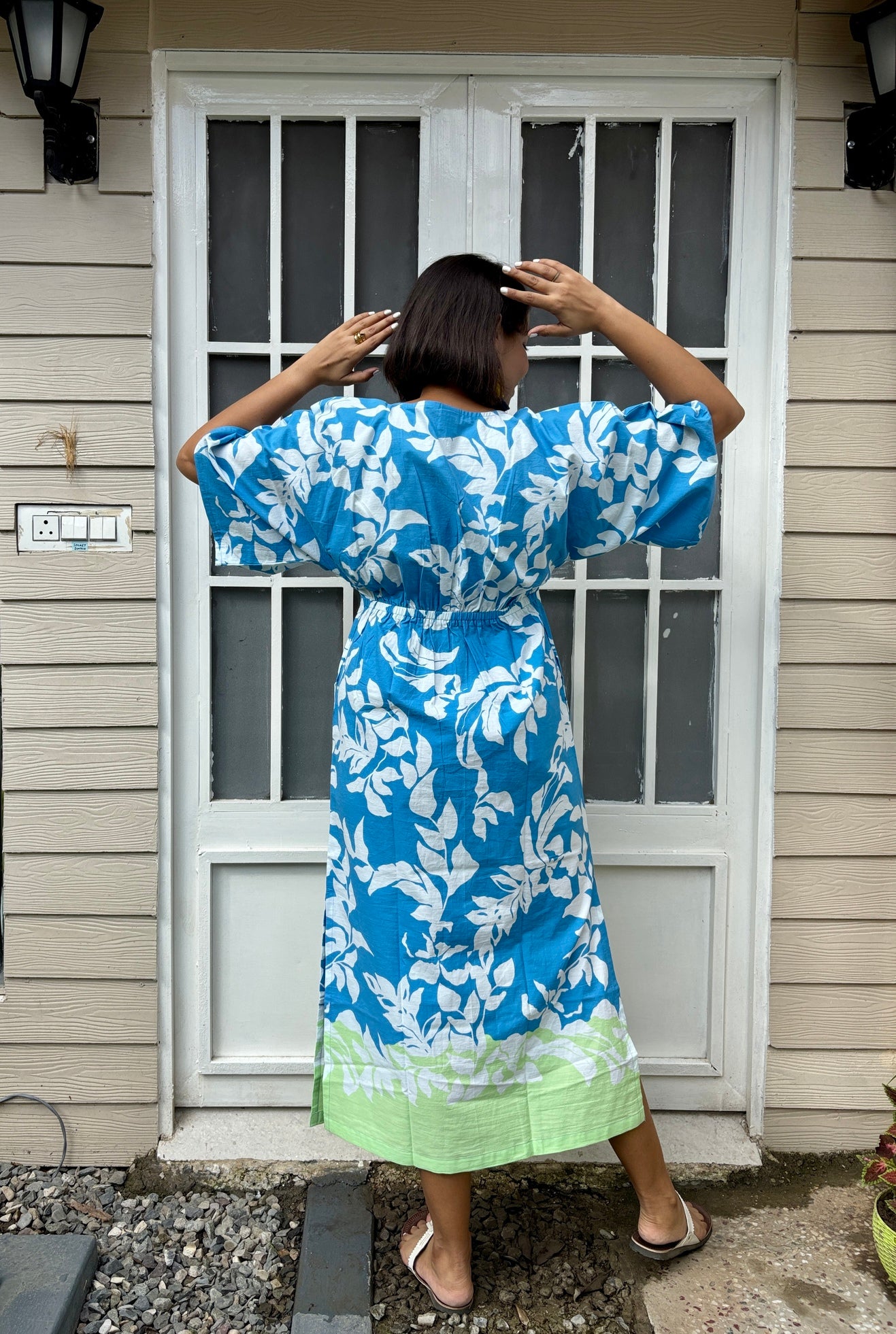 Blue Green Printed Cotton Kaftan Dress image 1