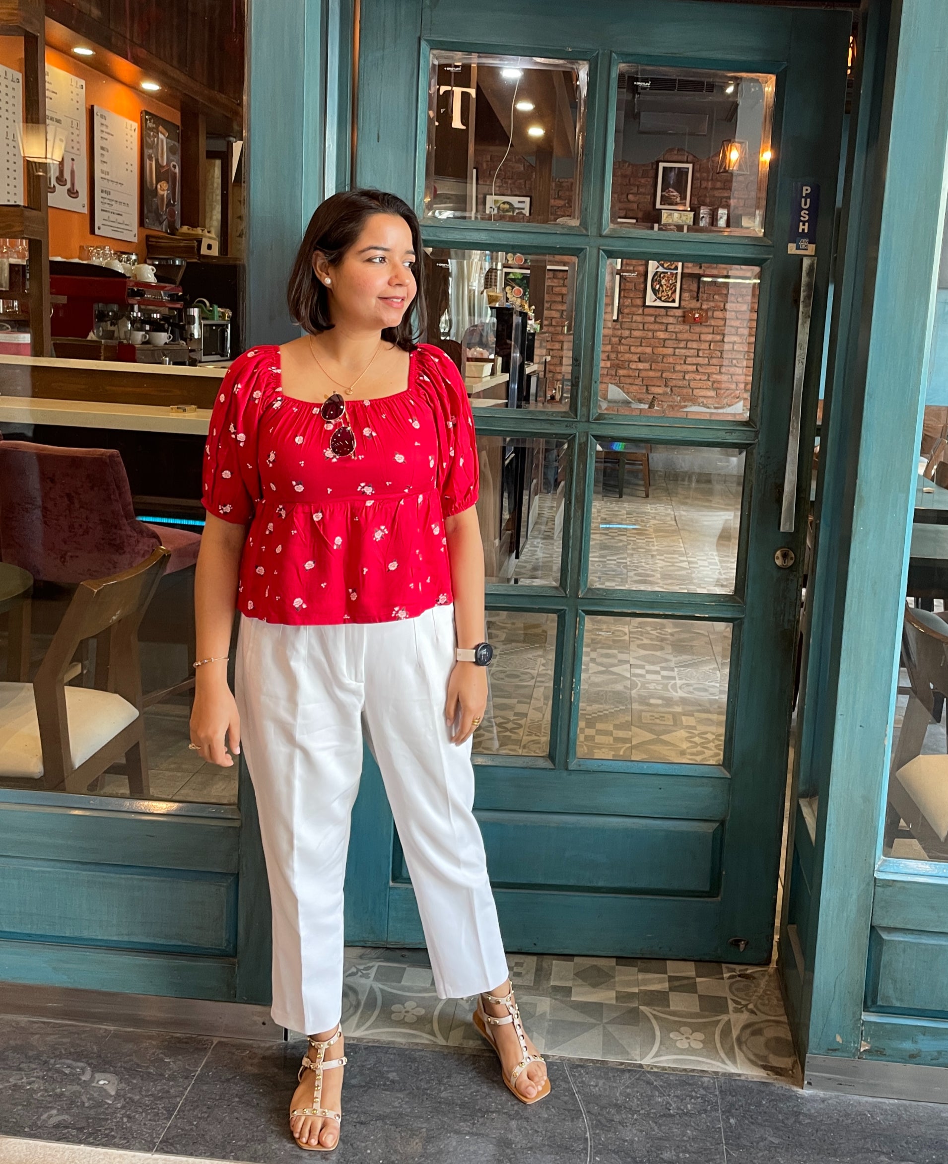 Red Flower Smocked Top image 0
