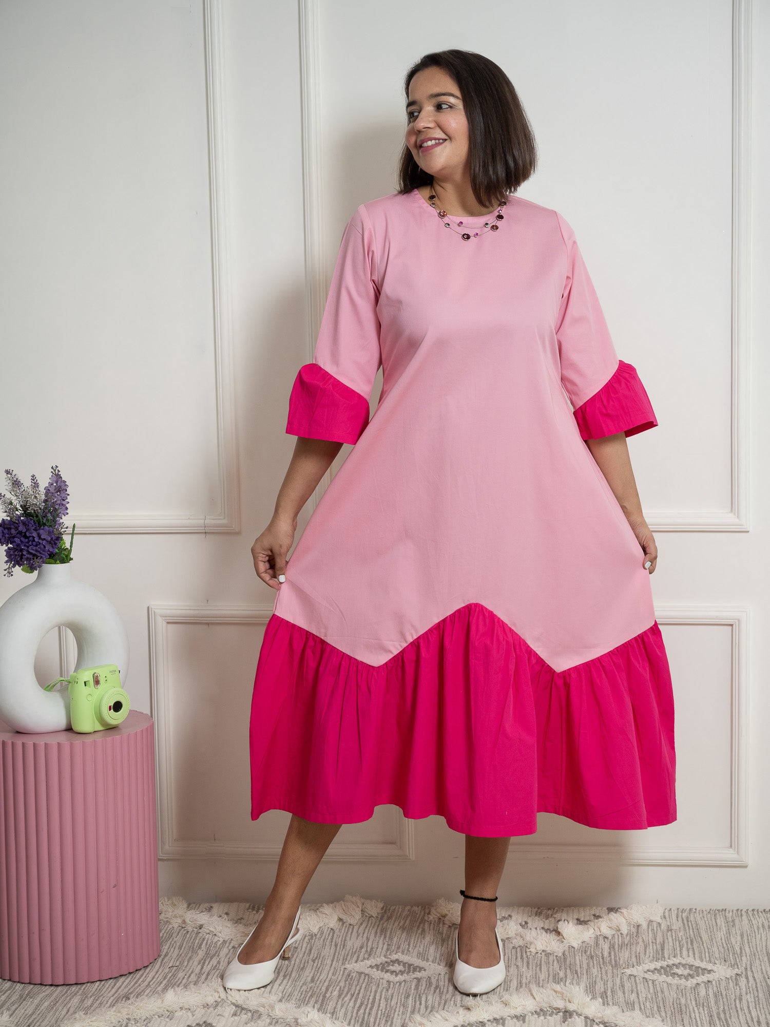 Solid Pink Zigzag Midi Dress image 5