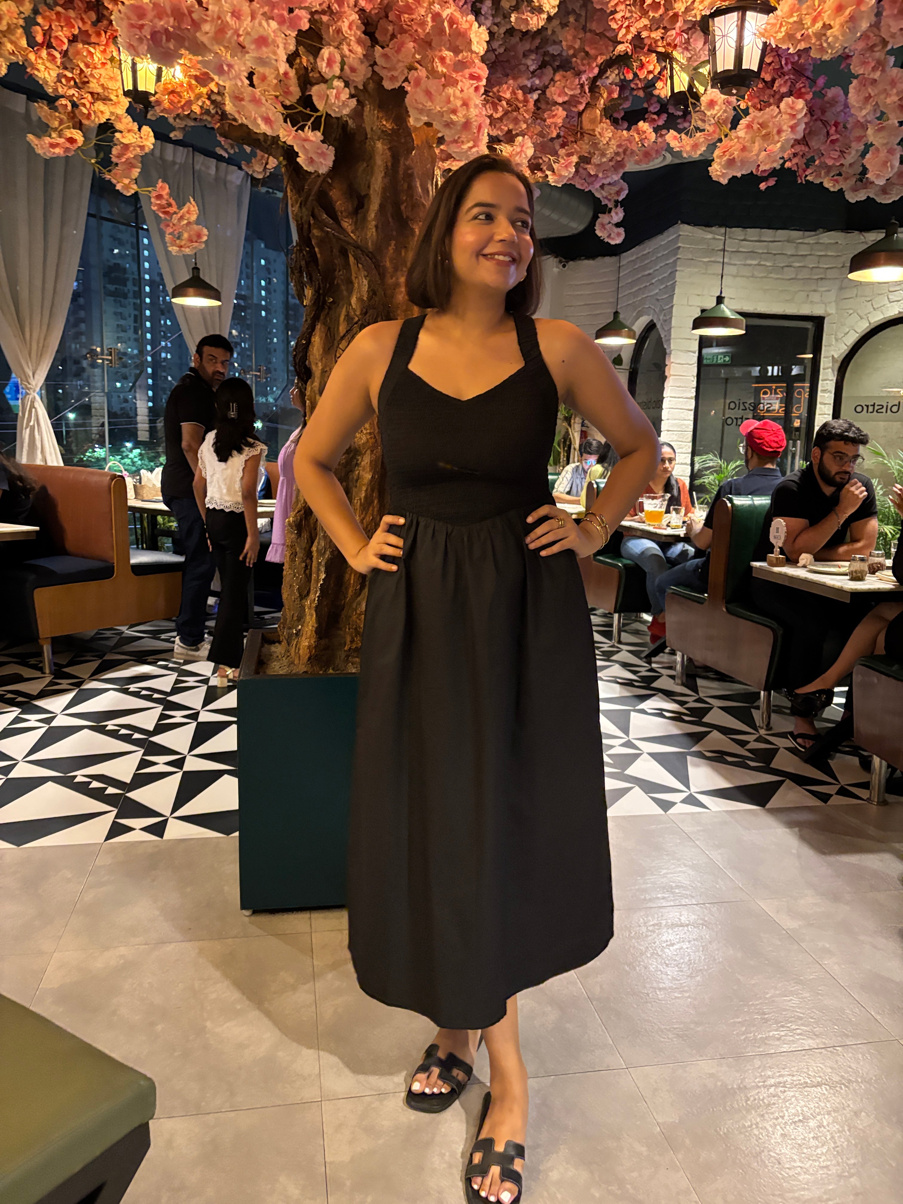 Noir Nights Black Smocked Cotton Midi Dress image 3