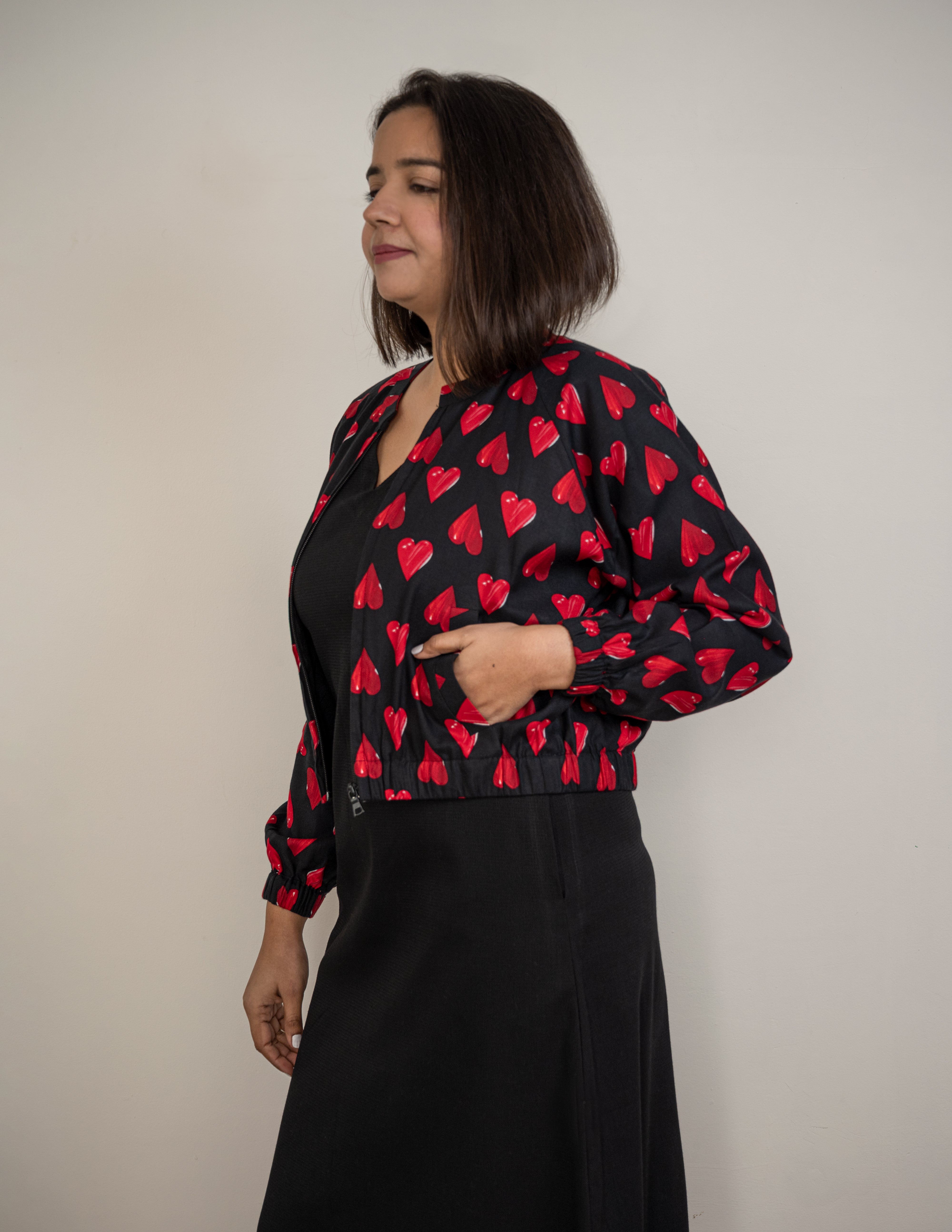 Black Red Heart Cotton Bomber Jacket image 4