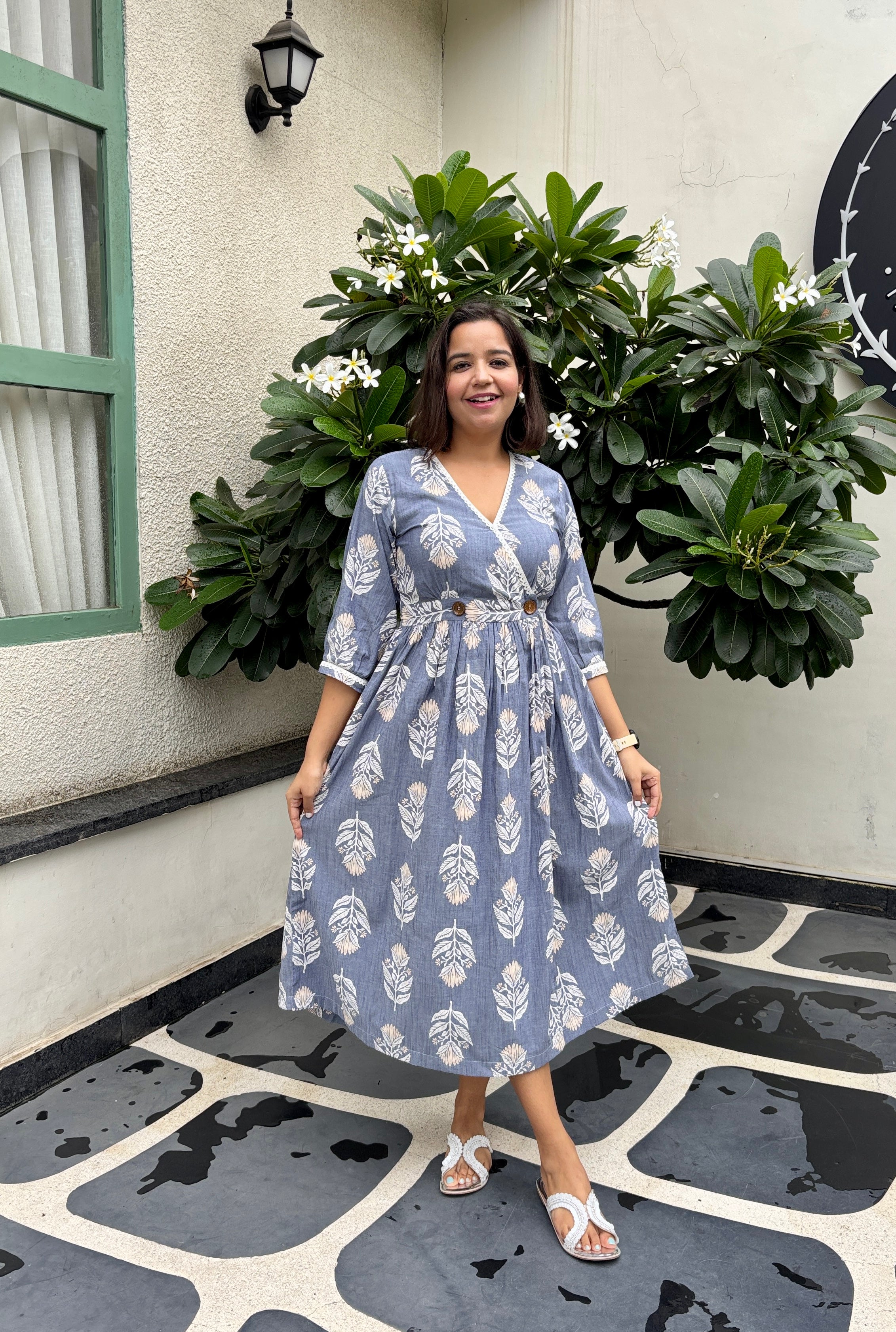 Blue Printed Wrap Dress Lace Detail & Pockets image 5