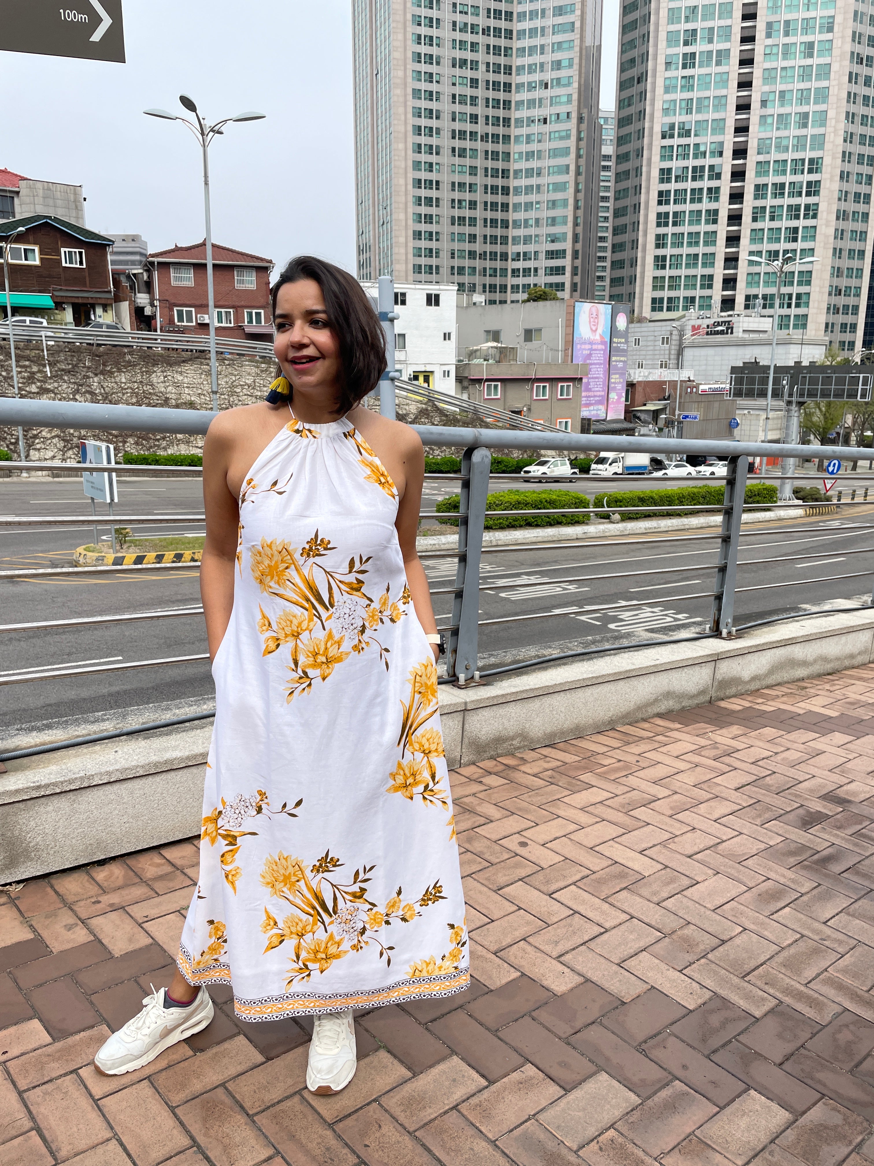 White Yellow Flower Halter Maxi Dress image 4