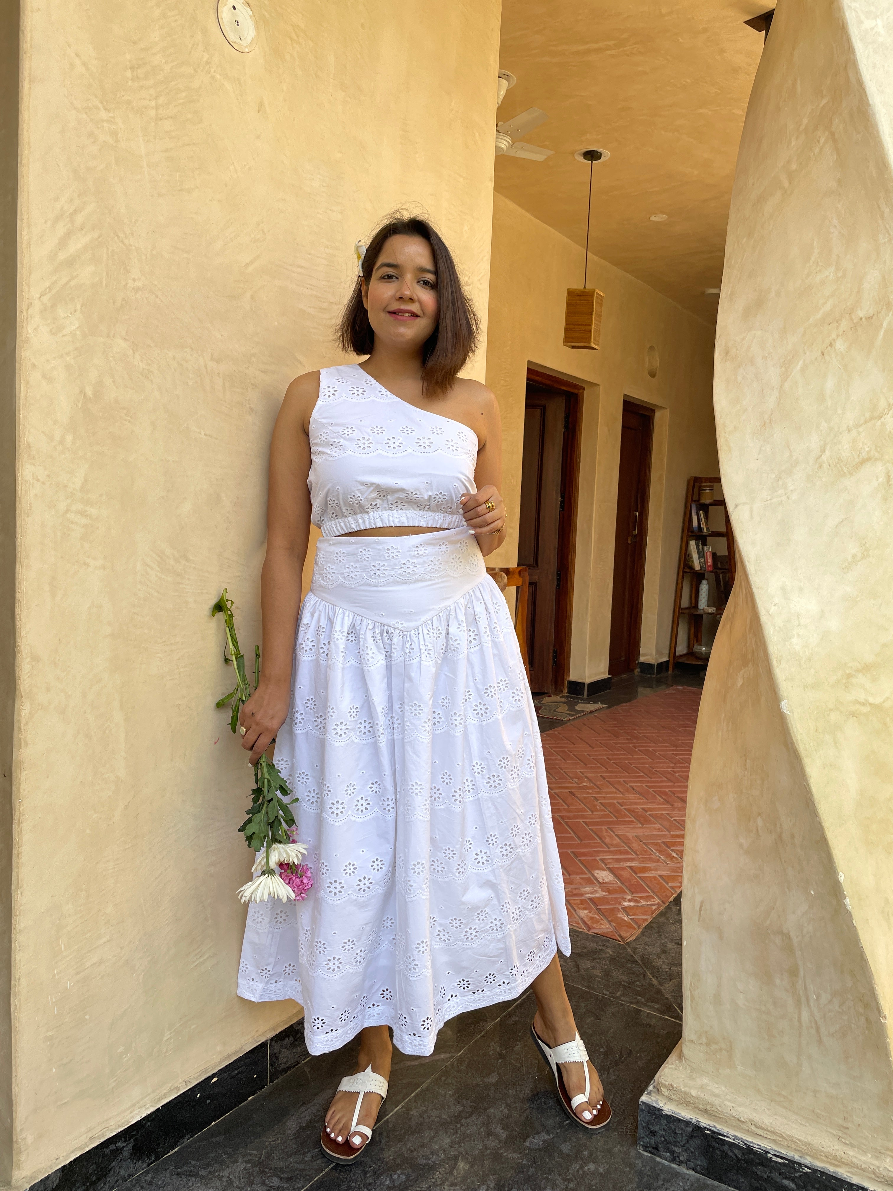 White Schiffli One Shoulder Top and Skirt Coord Set image 3