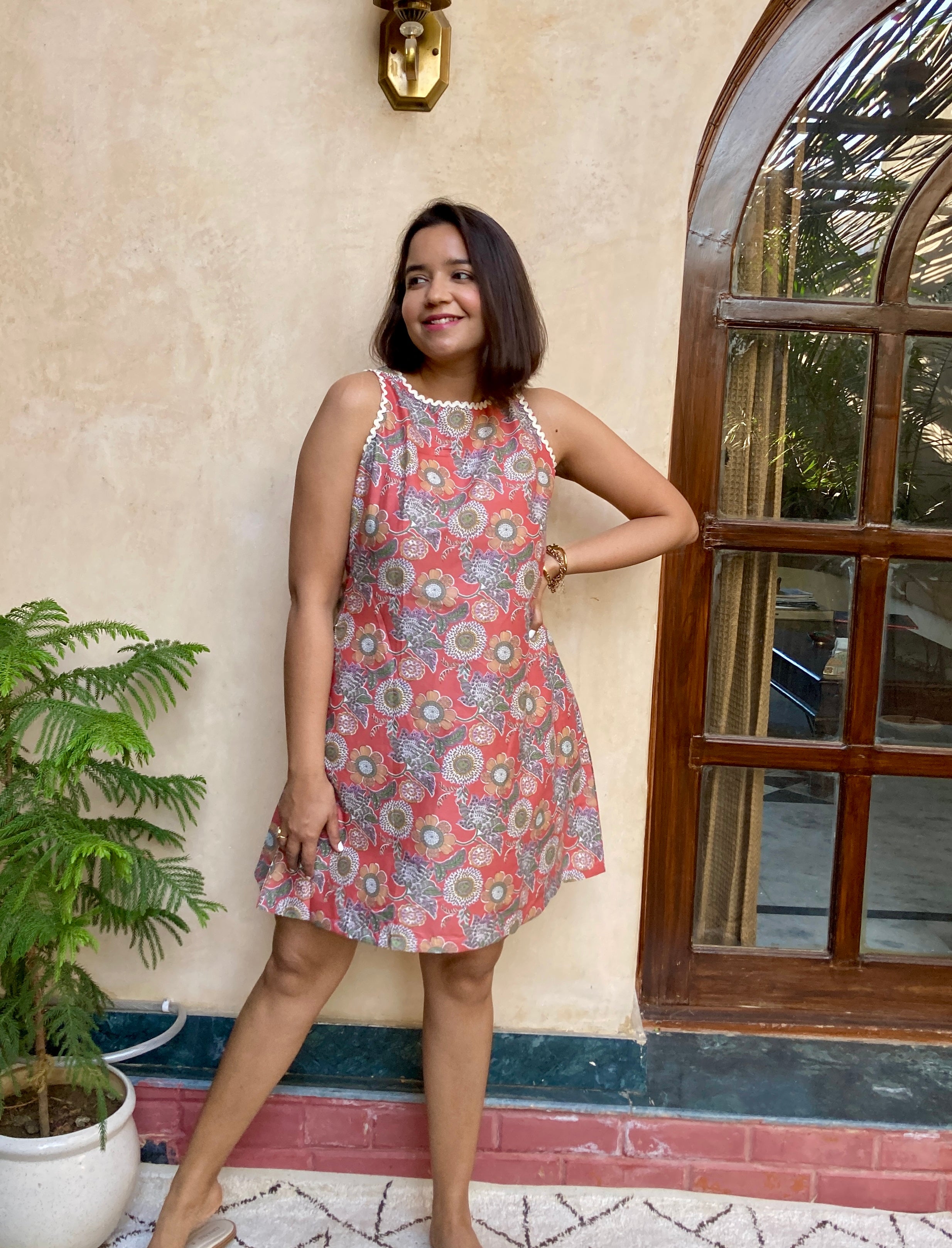 Rust Red Printed A- Line Cotton Dress image 4