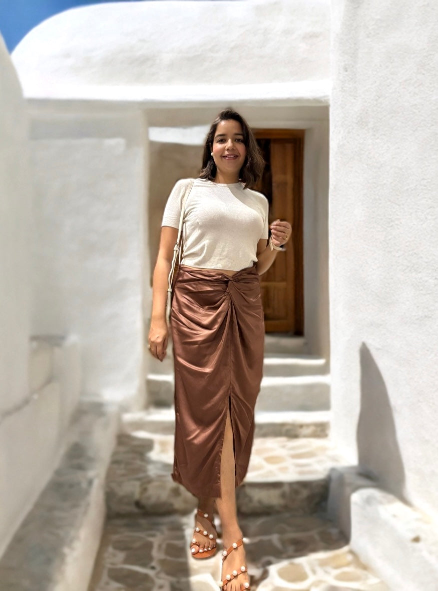 Brown Front Knot Midi Skirt image 0