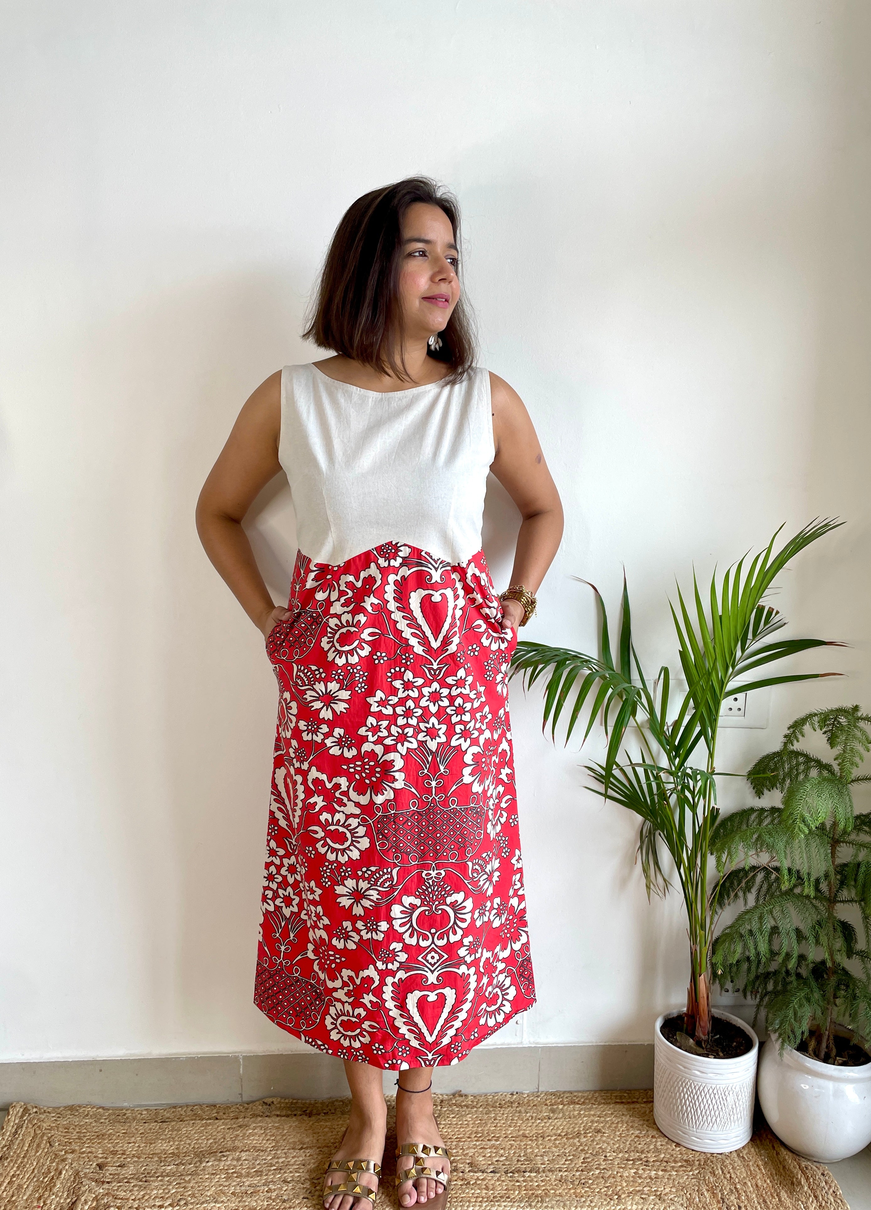 Beige Red Zigzag Dress image 4