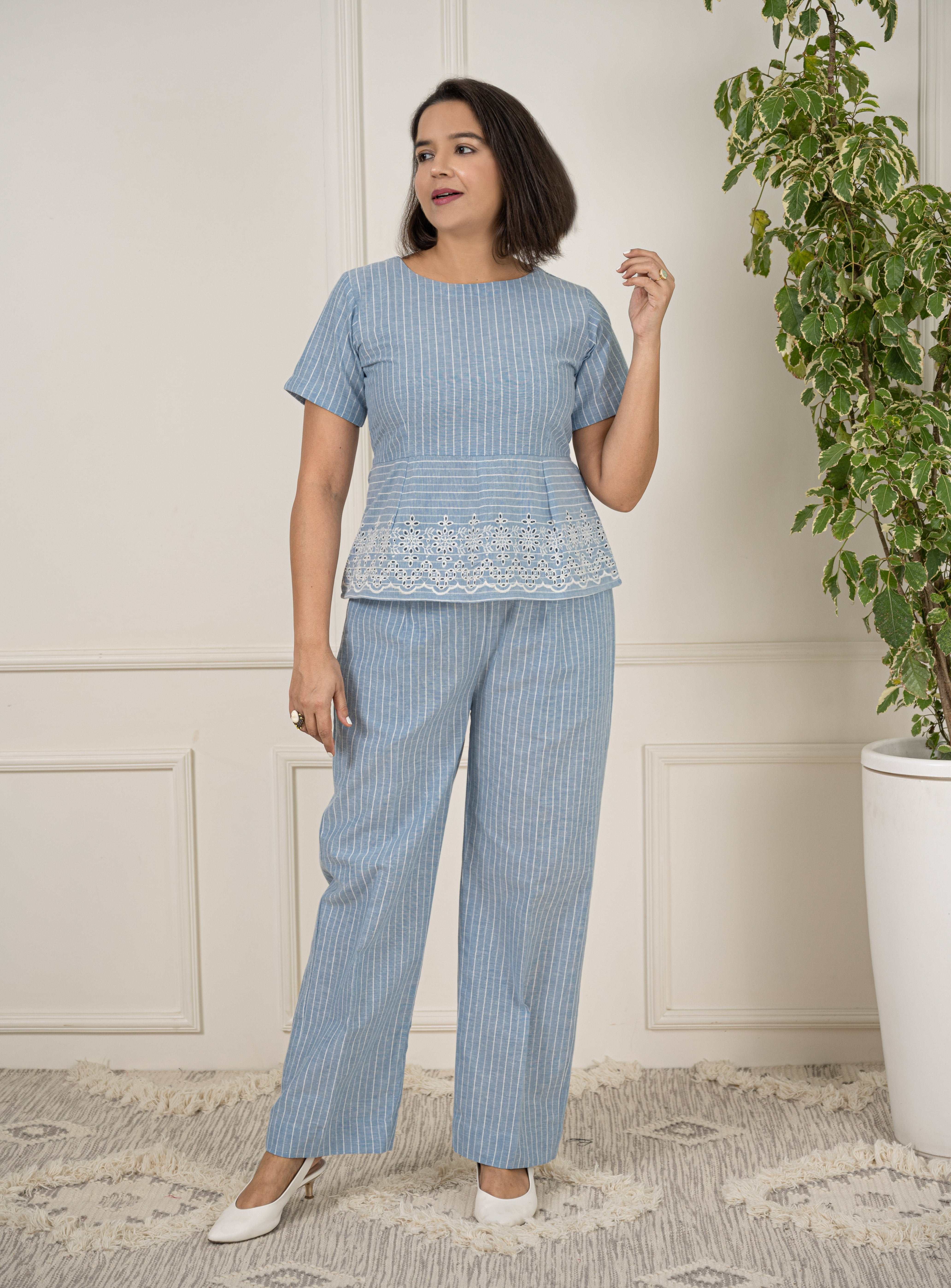 Blue Embroidered Stripe Coord Set- M image 3