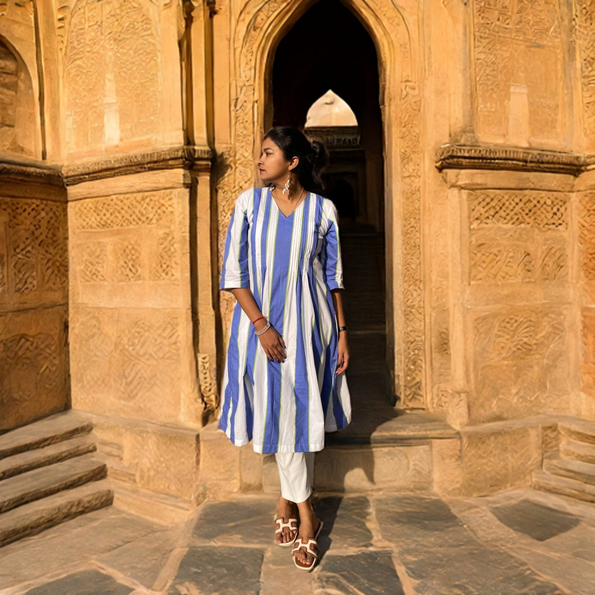 Blue Stripe Pintex A-Line Kurta image 6