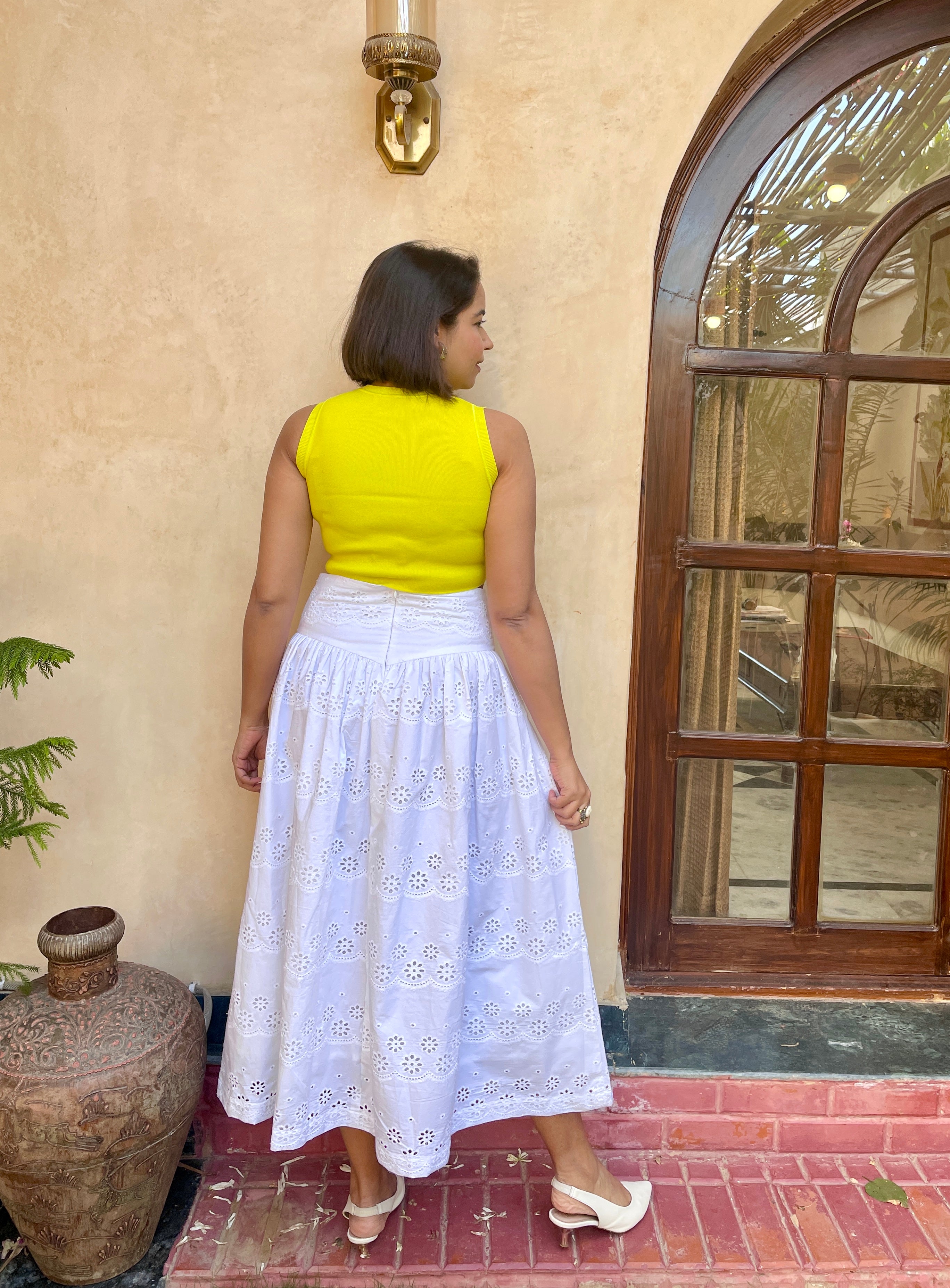 White Schiffli Zipper Maxi Skirt image 1