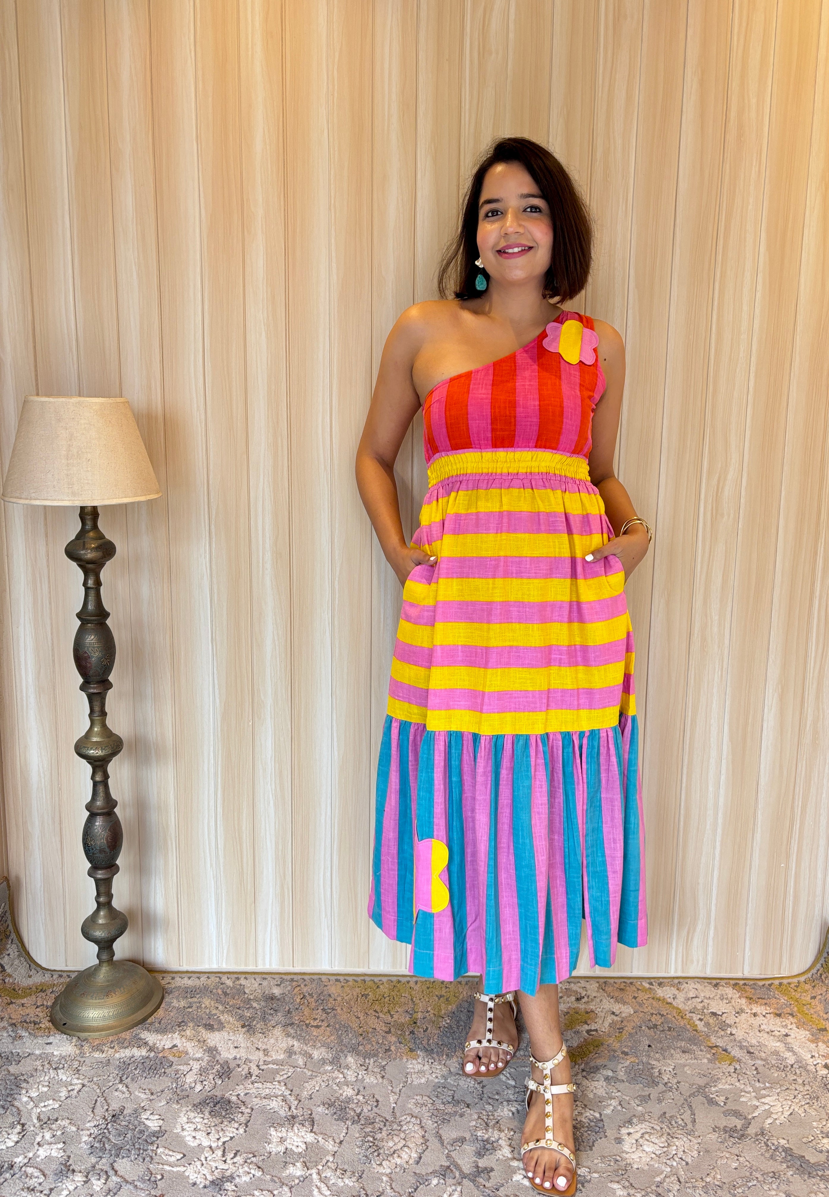 One-Shoulder Appliqué StripedDress image 0