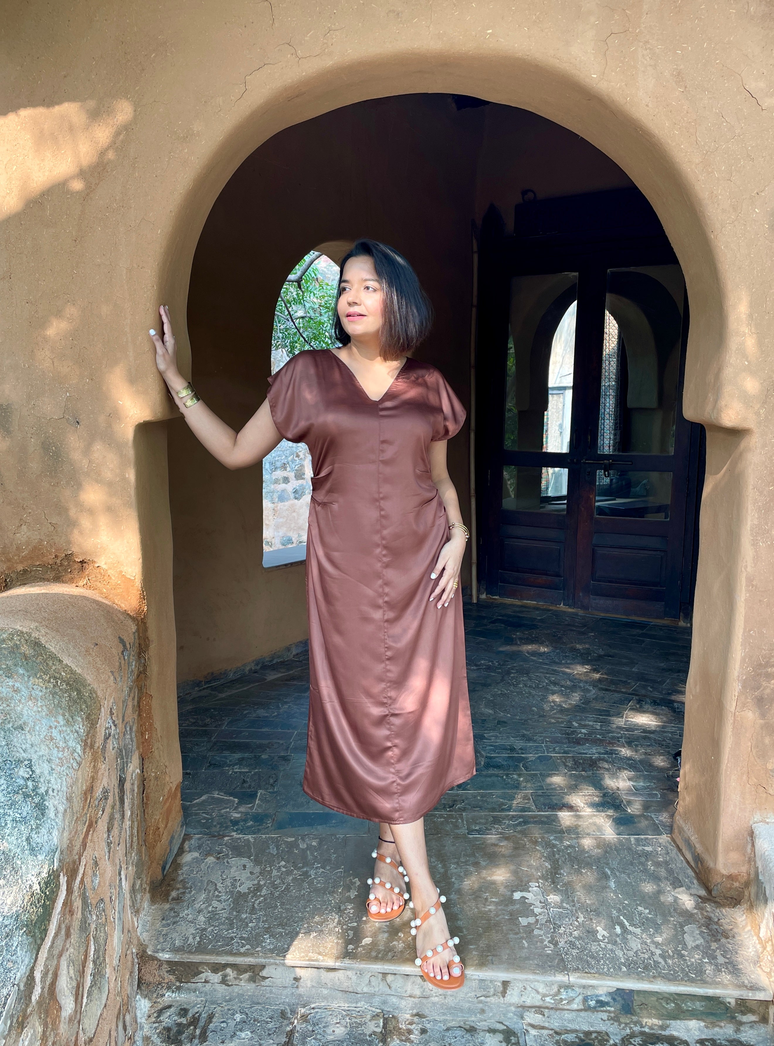 Brown Satin Midi Dress image 0