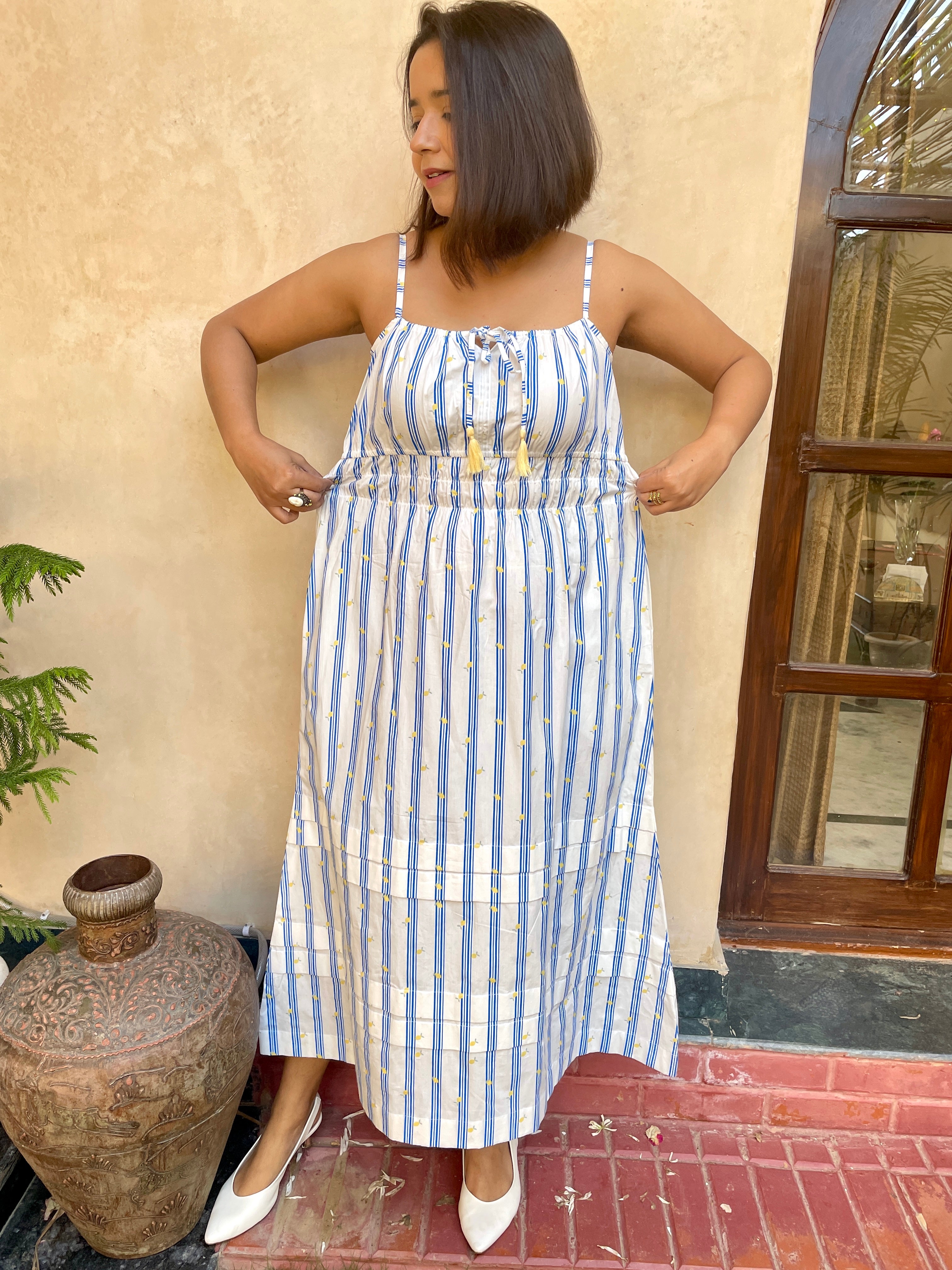 White Stripe Cinched Waist Midi Dress image 5