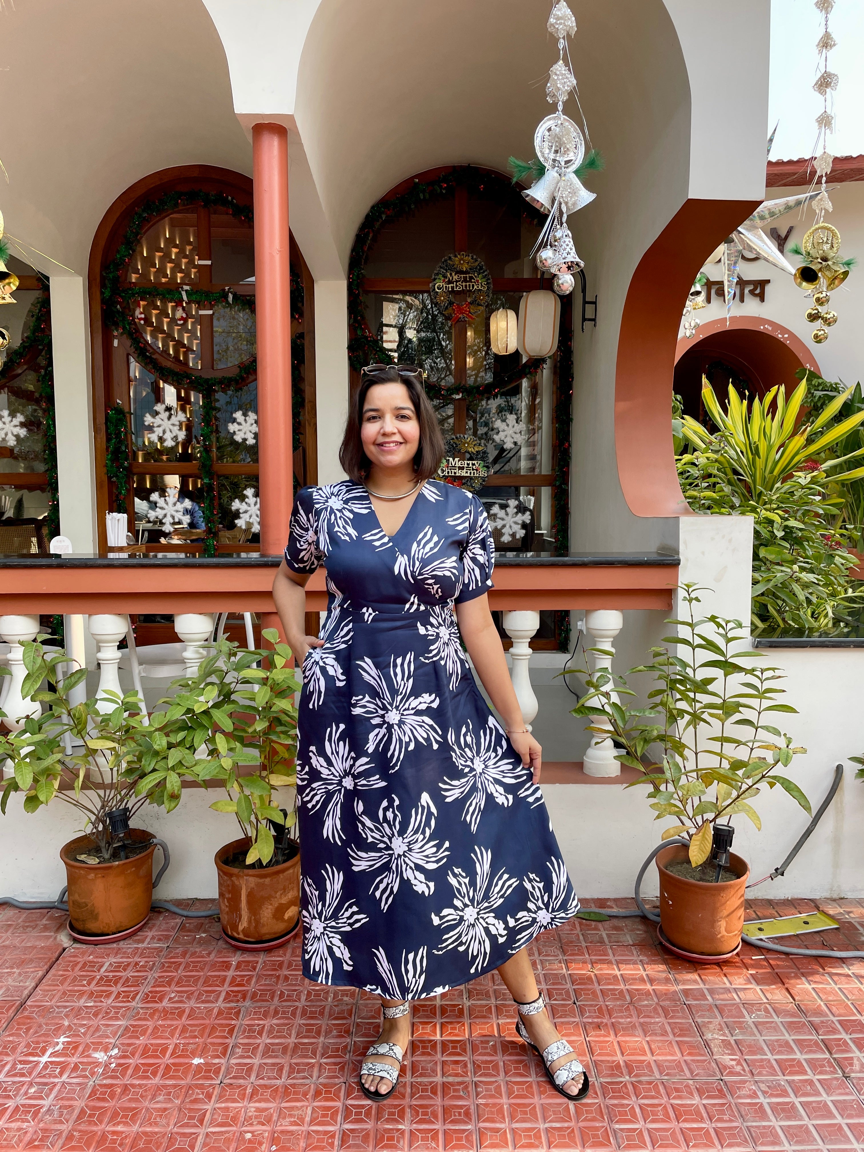 Navy Blue Floral Printed Midi Dress image 8