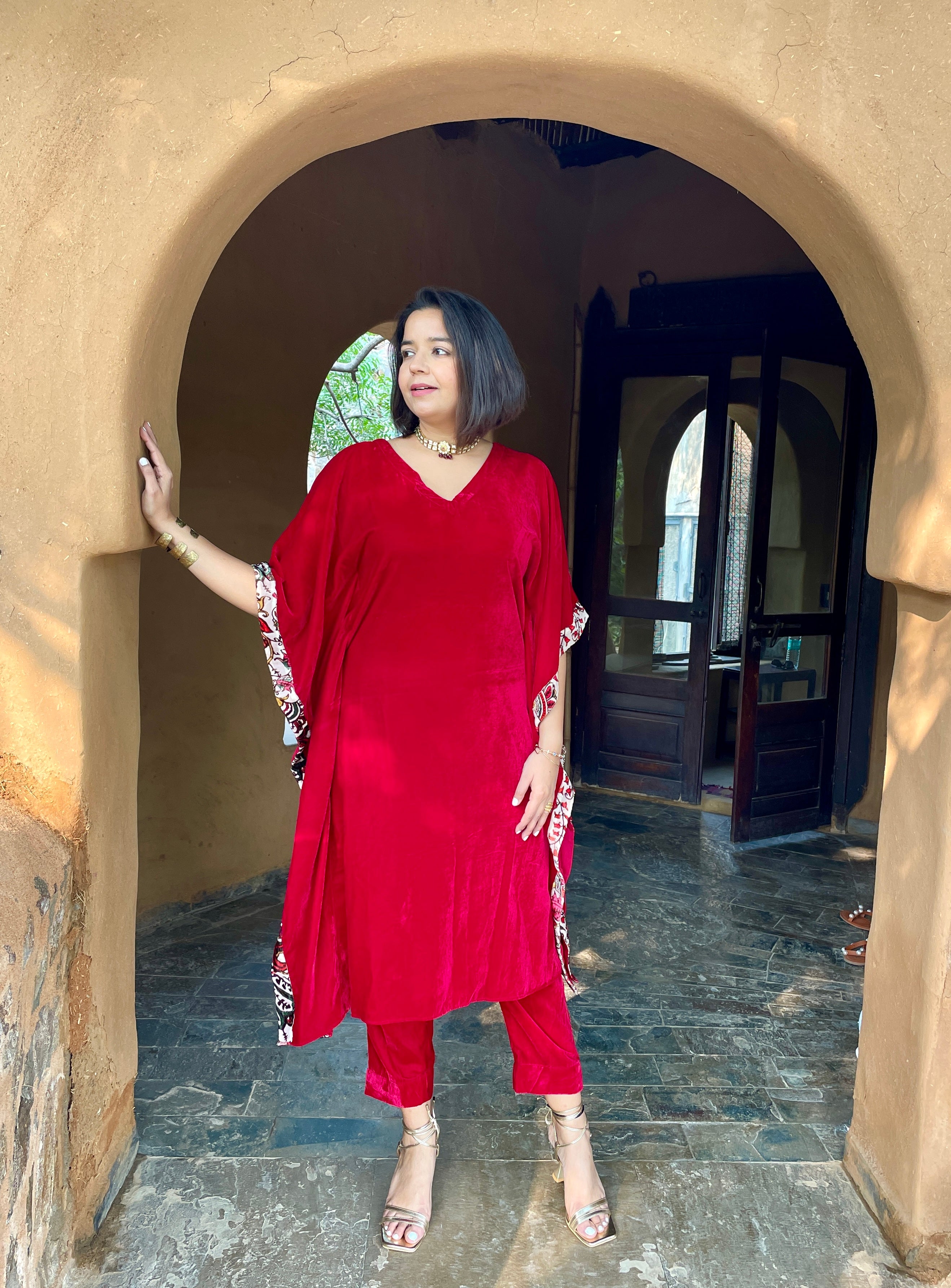Red Velvet Kaftan Kurta Set image 2