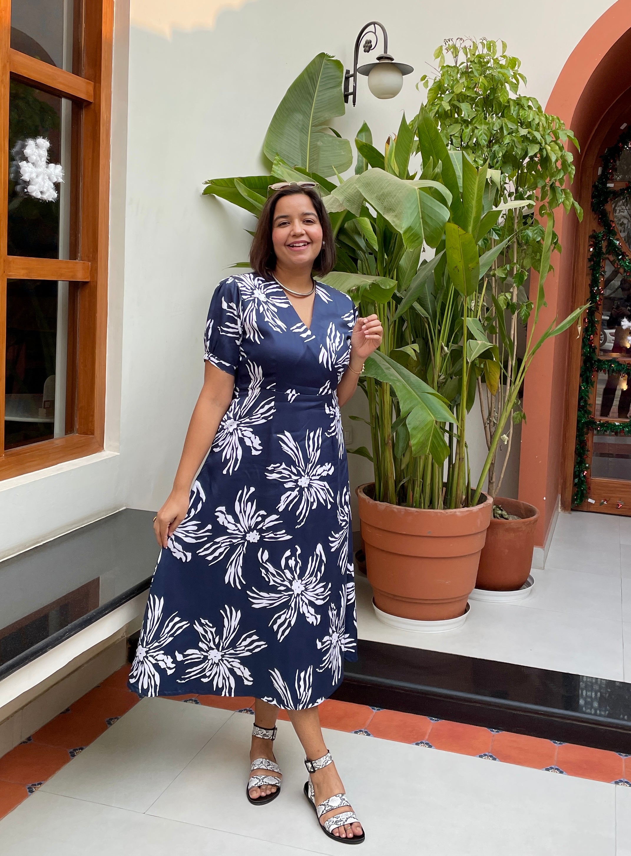 Navy Blue Floral Printed Midi Dress image 0