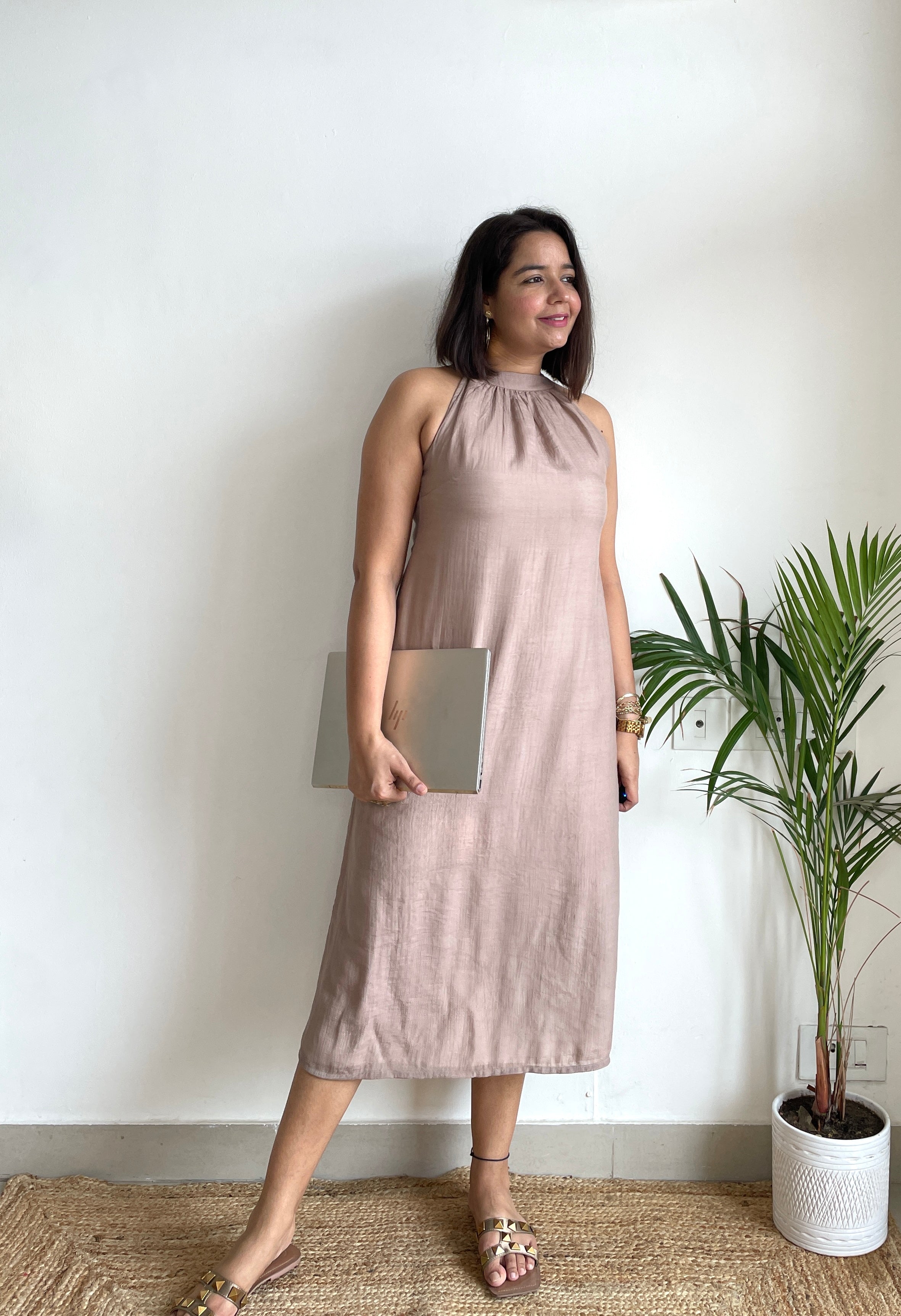 Solid Brown Halter Midi Dress image 3