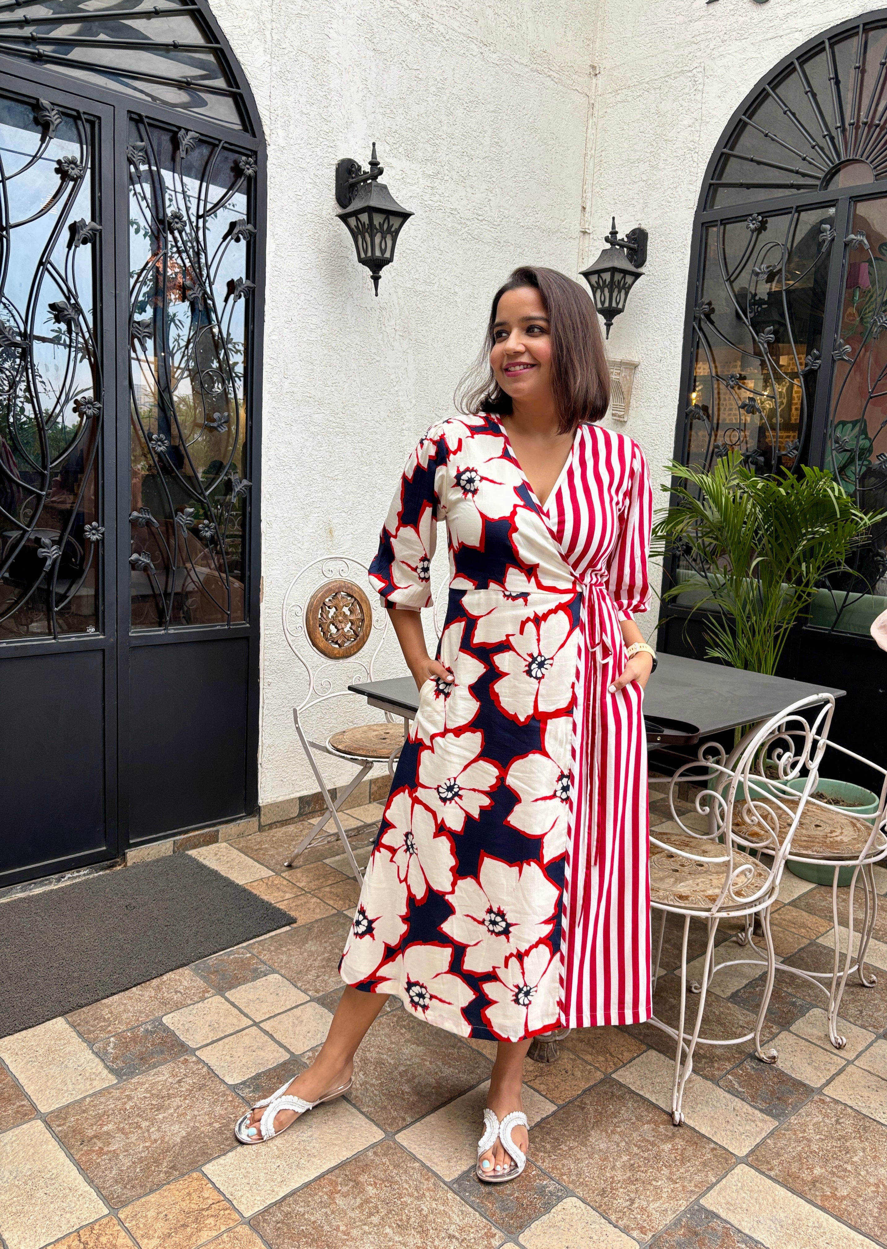 Floral Stripe Wrap Dress with Pockets image 0