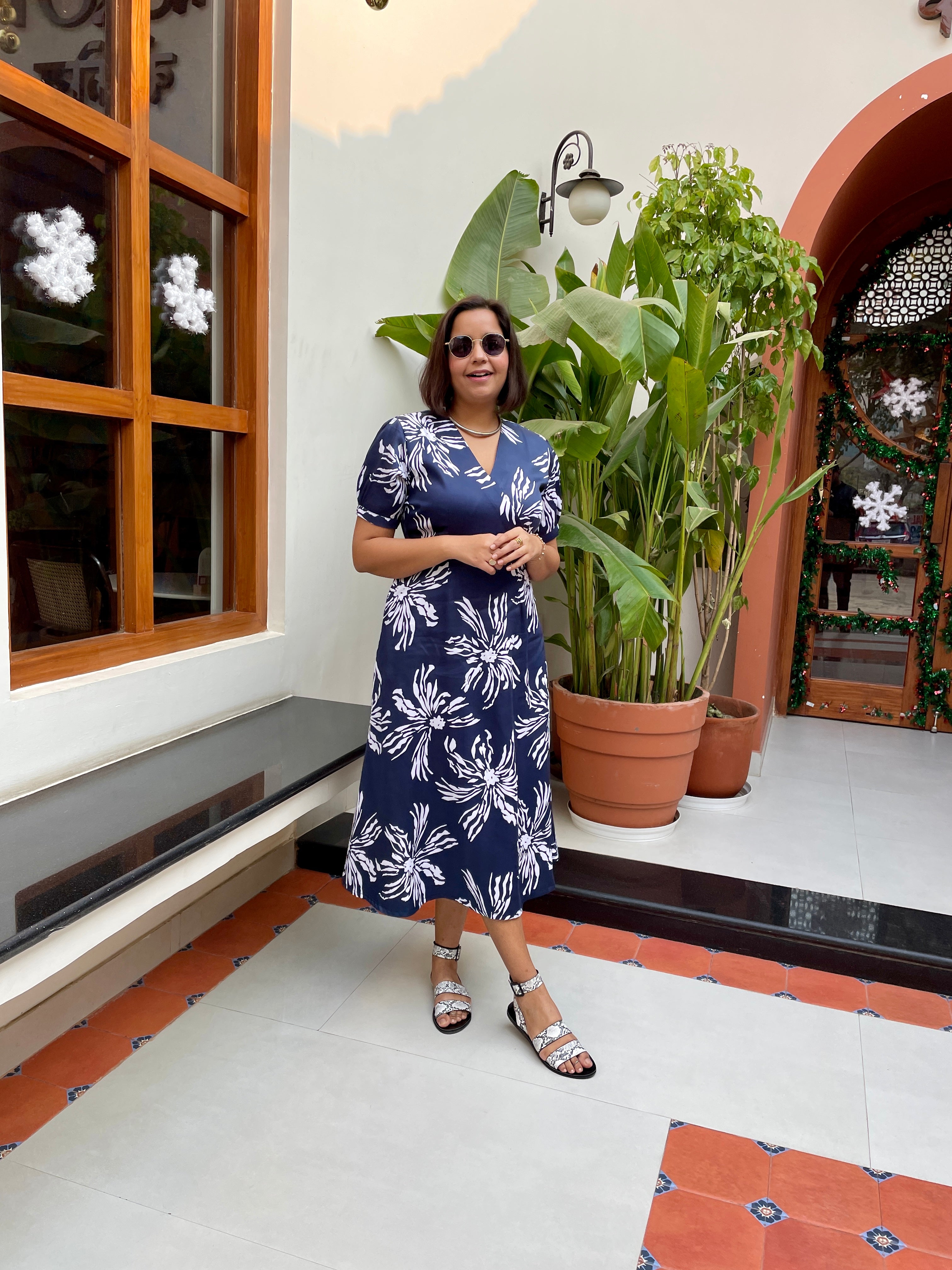 Navy Blue Floral Printed Midi Dress image 7